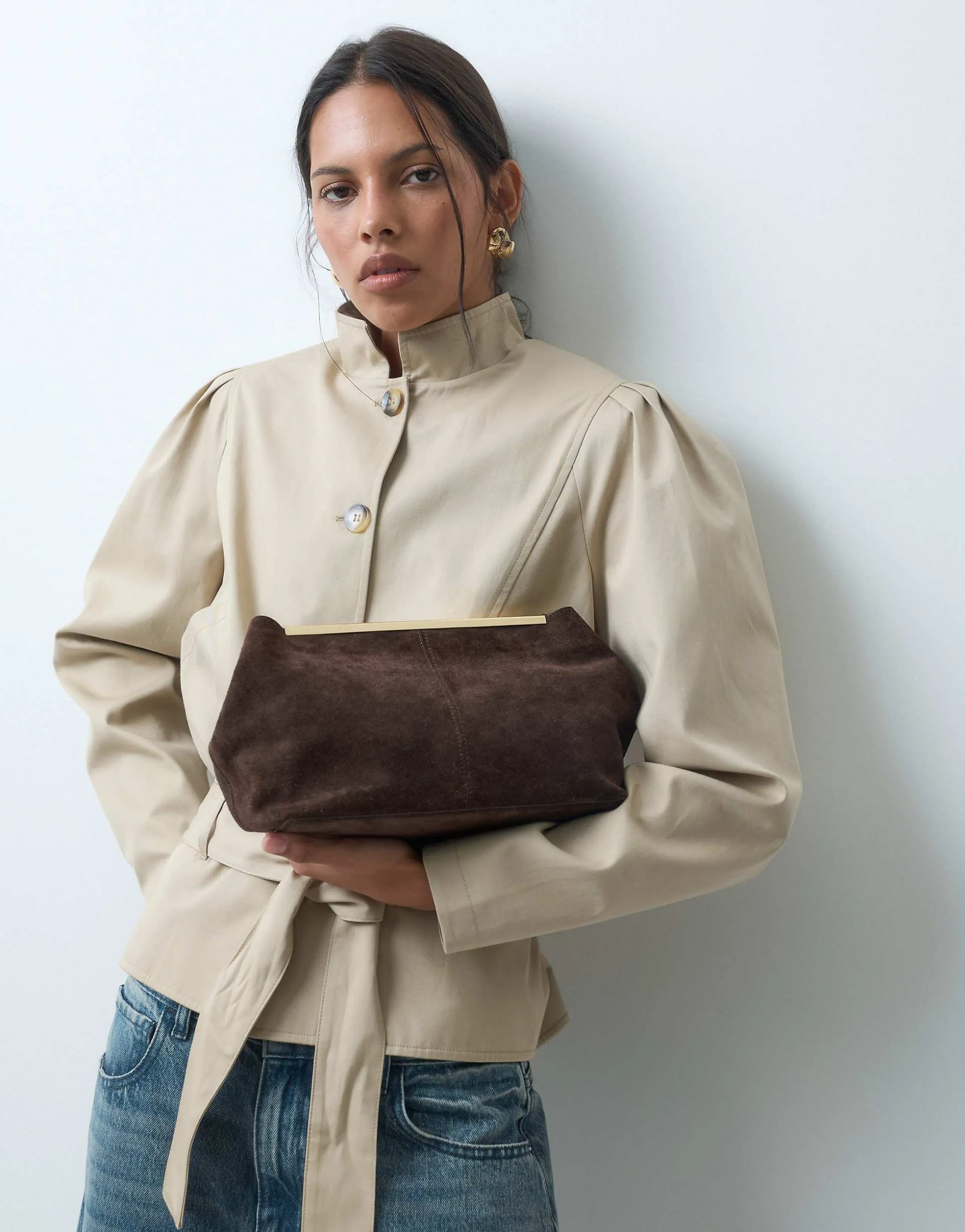 ASOS DESIGN suede frame clutch bag in chocolate