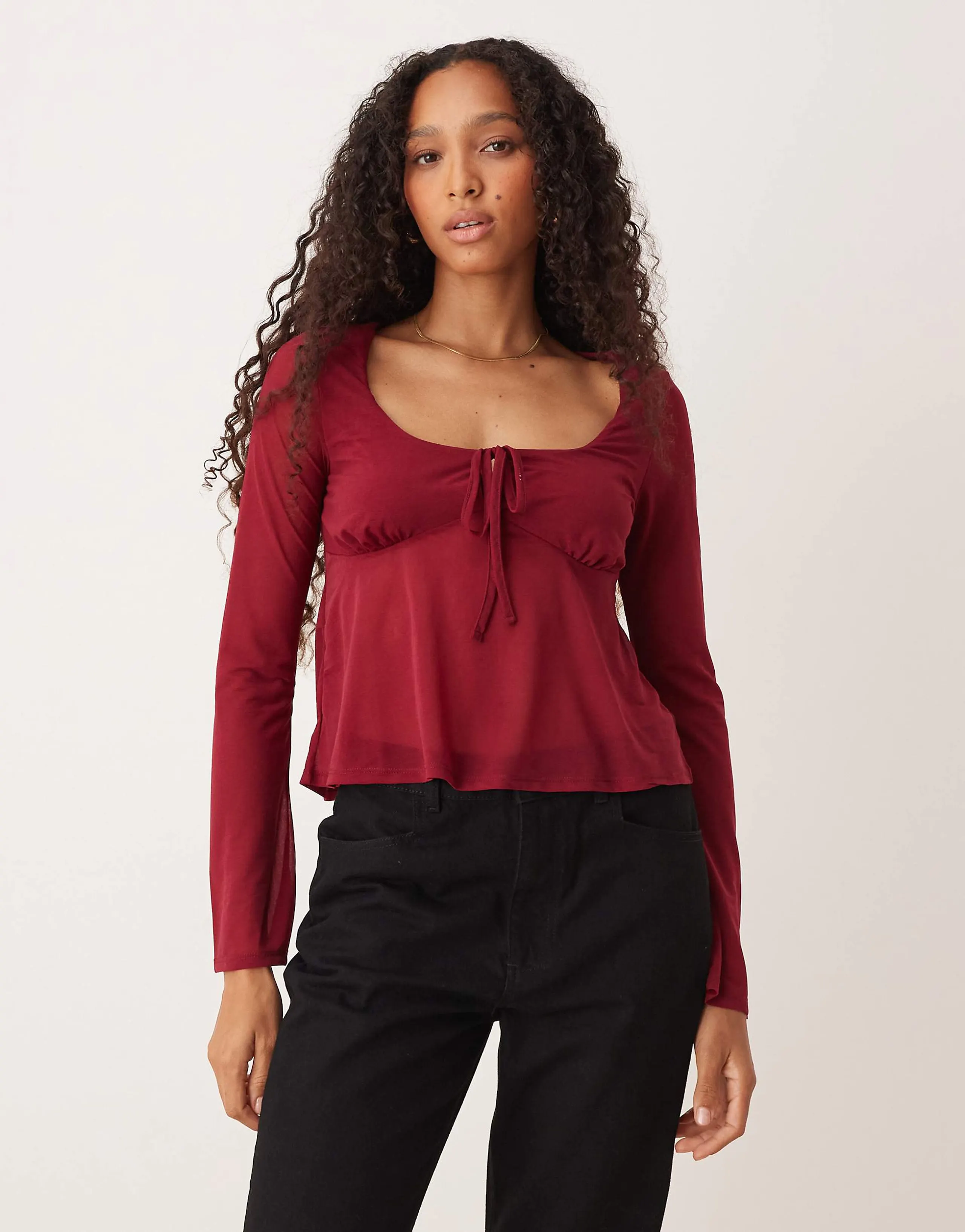 ASOS DESIGN mesh floaty flare sleeve top in burgundy