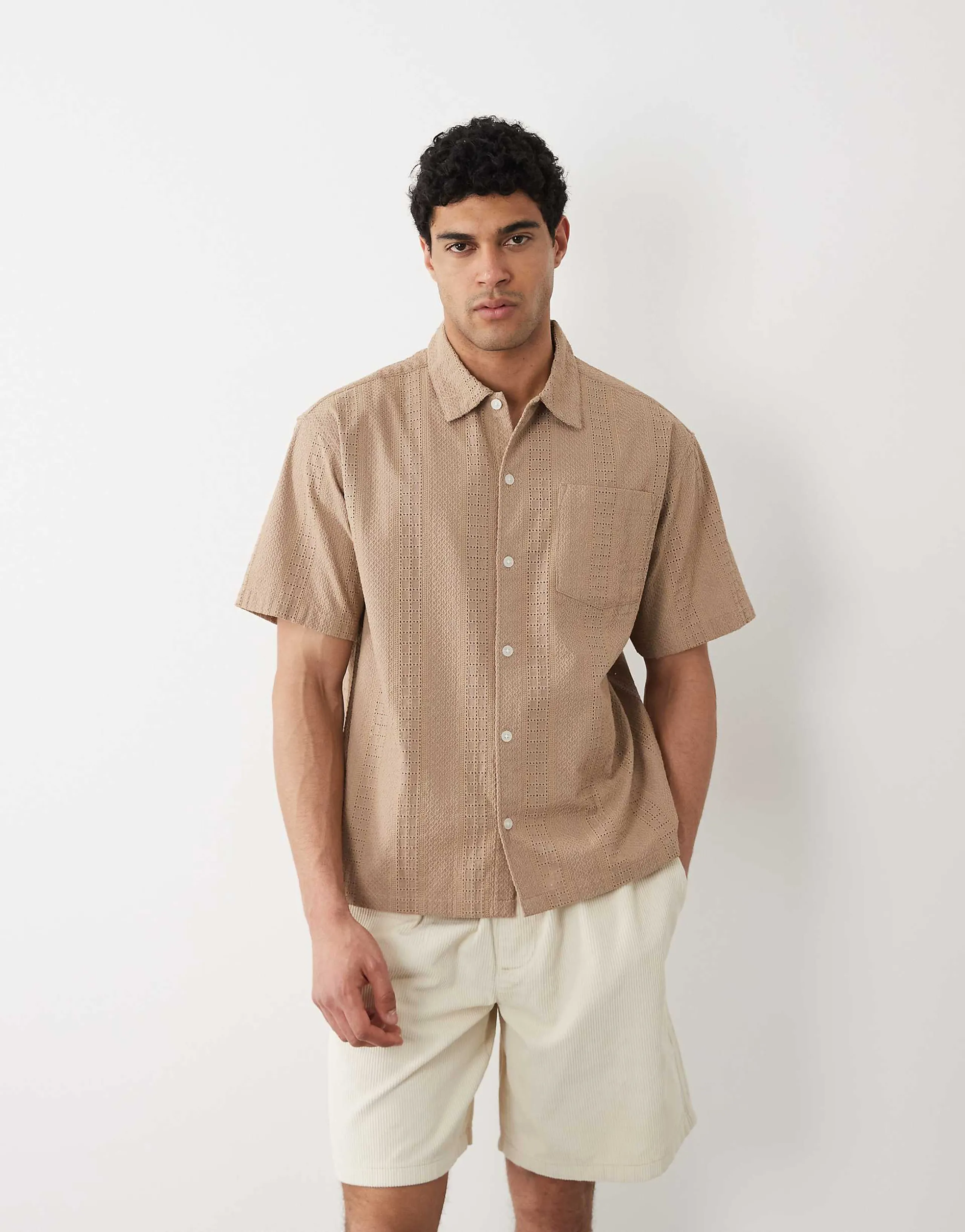 Jack & Jones embroidered short sleeve shirt in beige