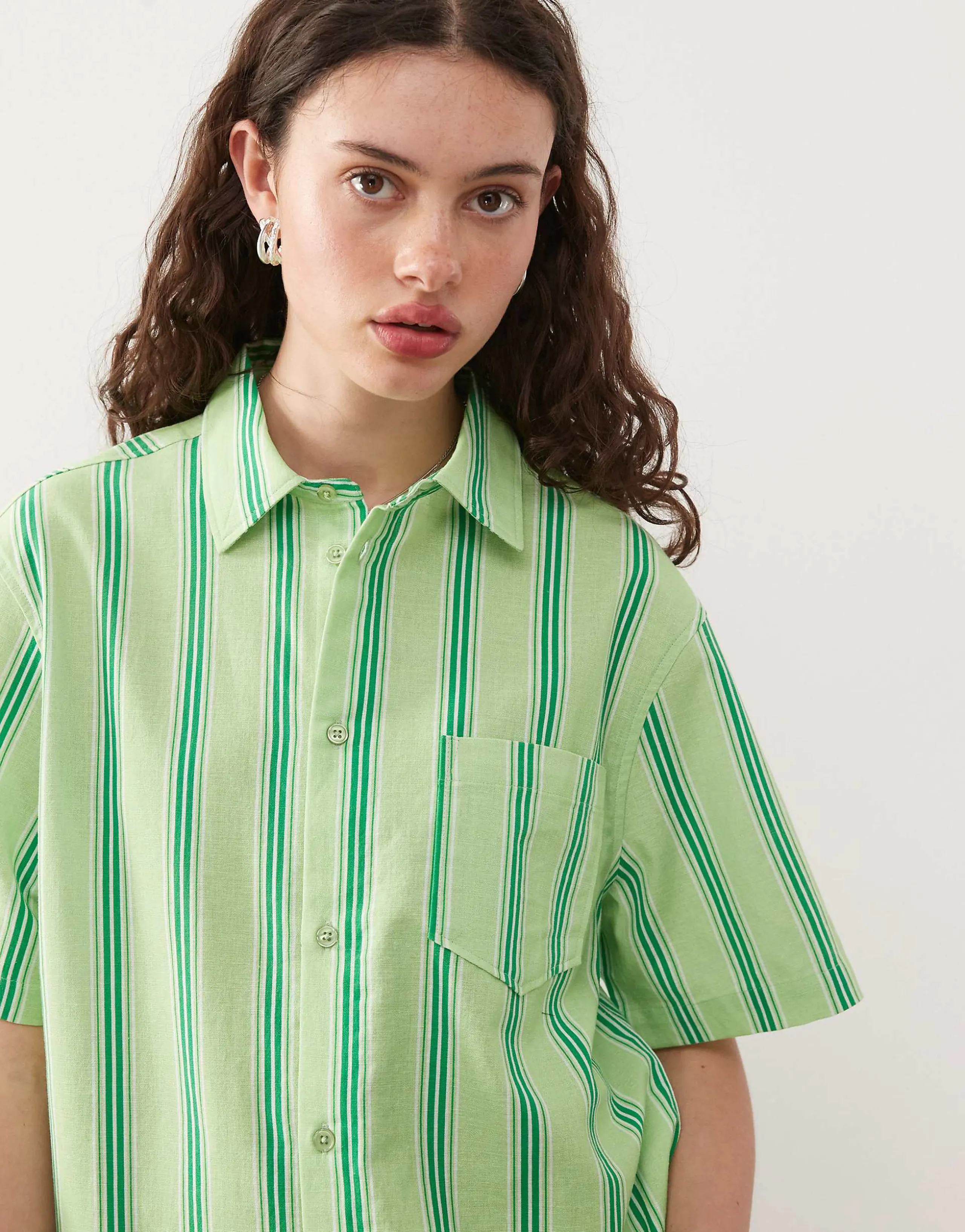 COLLUSION boxy linen mix shirt in green stripe