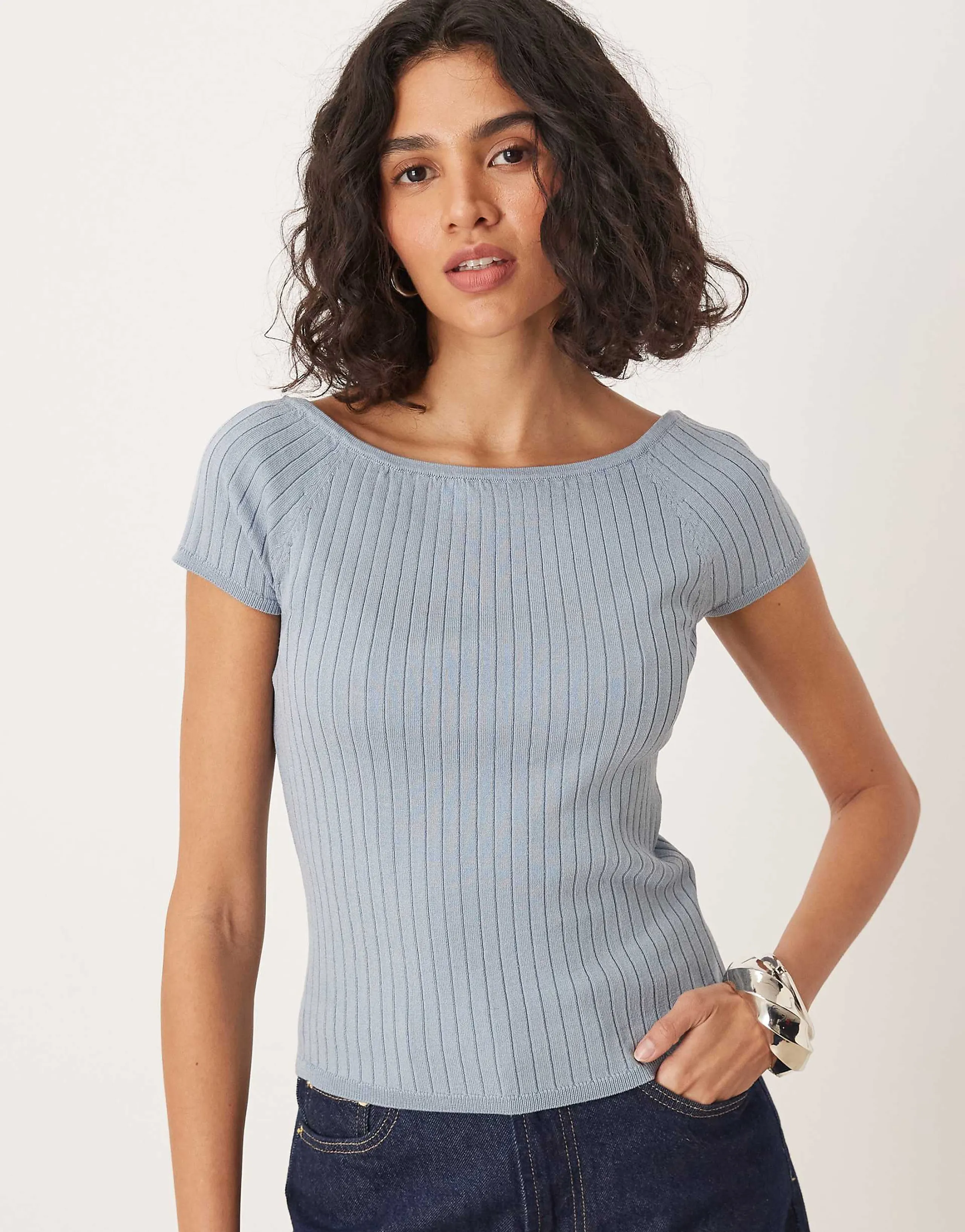 AWARE ribbed knit off shoulder capped sleeve top in dusty blue