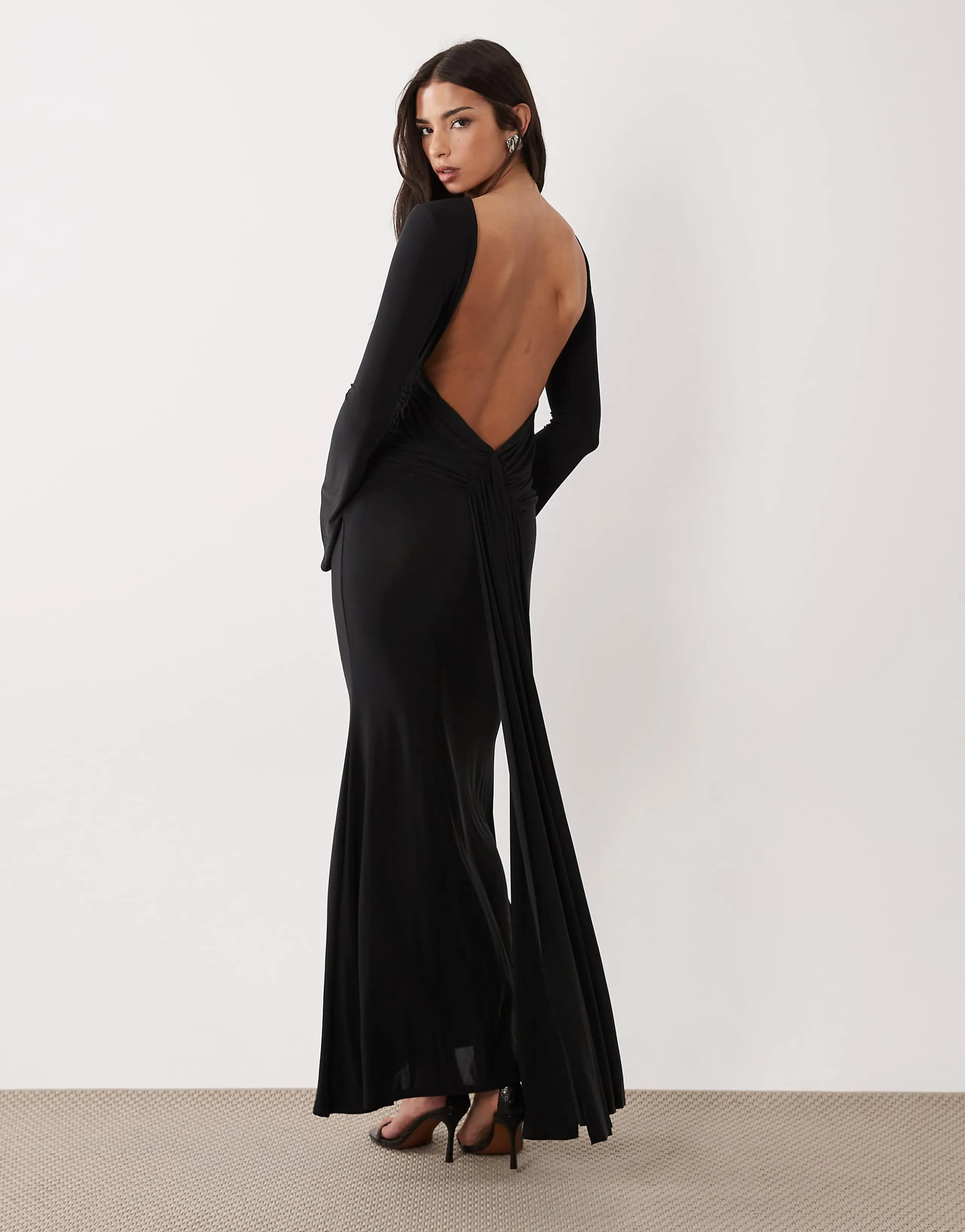 ASOS DESIGN long sleeve maxi dress with sheer panels and lace trim in black