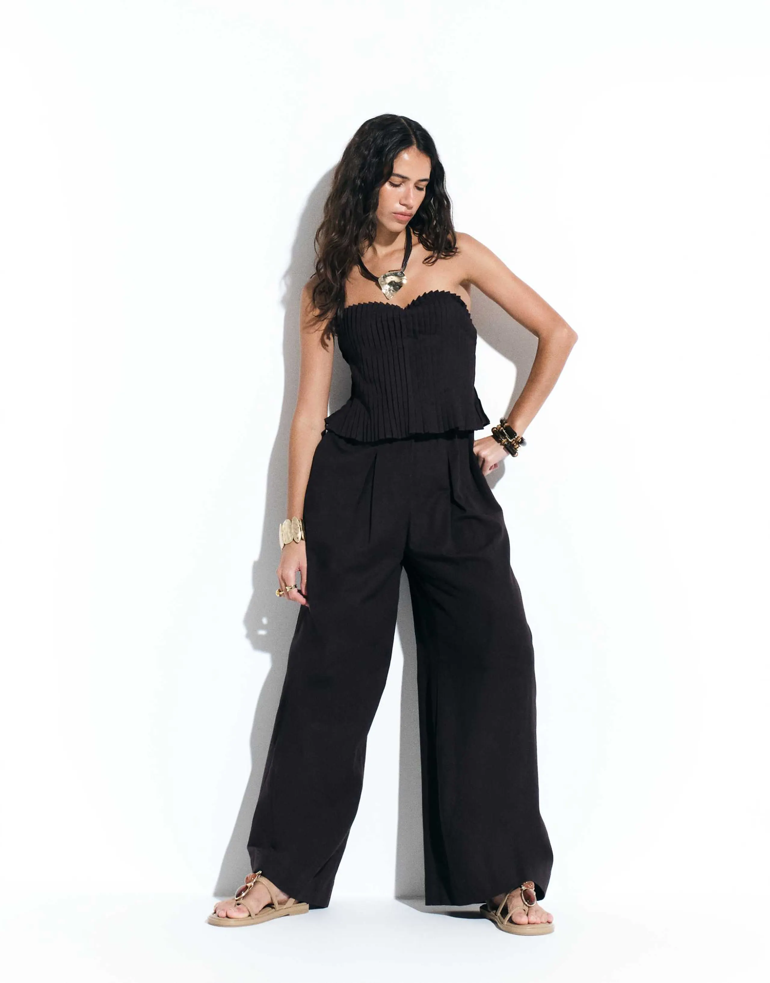 ASOS DESIGN cotton linen bandeau jumpsuit with narrow pintuck bodice in chocolate brown