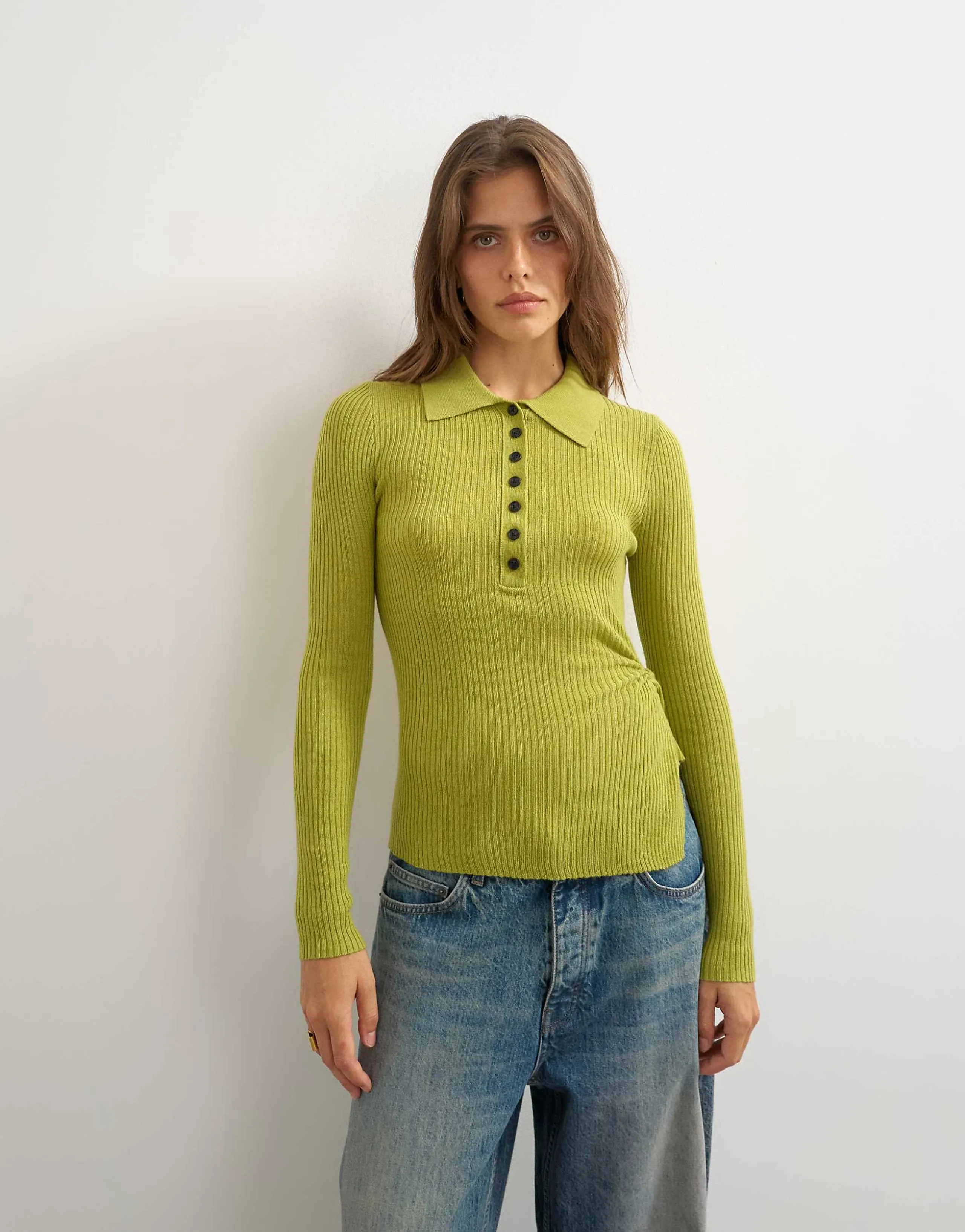 Topshop wool blend knit side twist polo top in lime