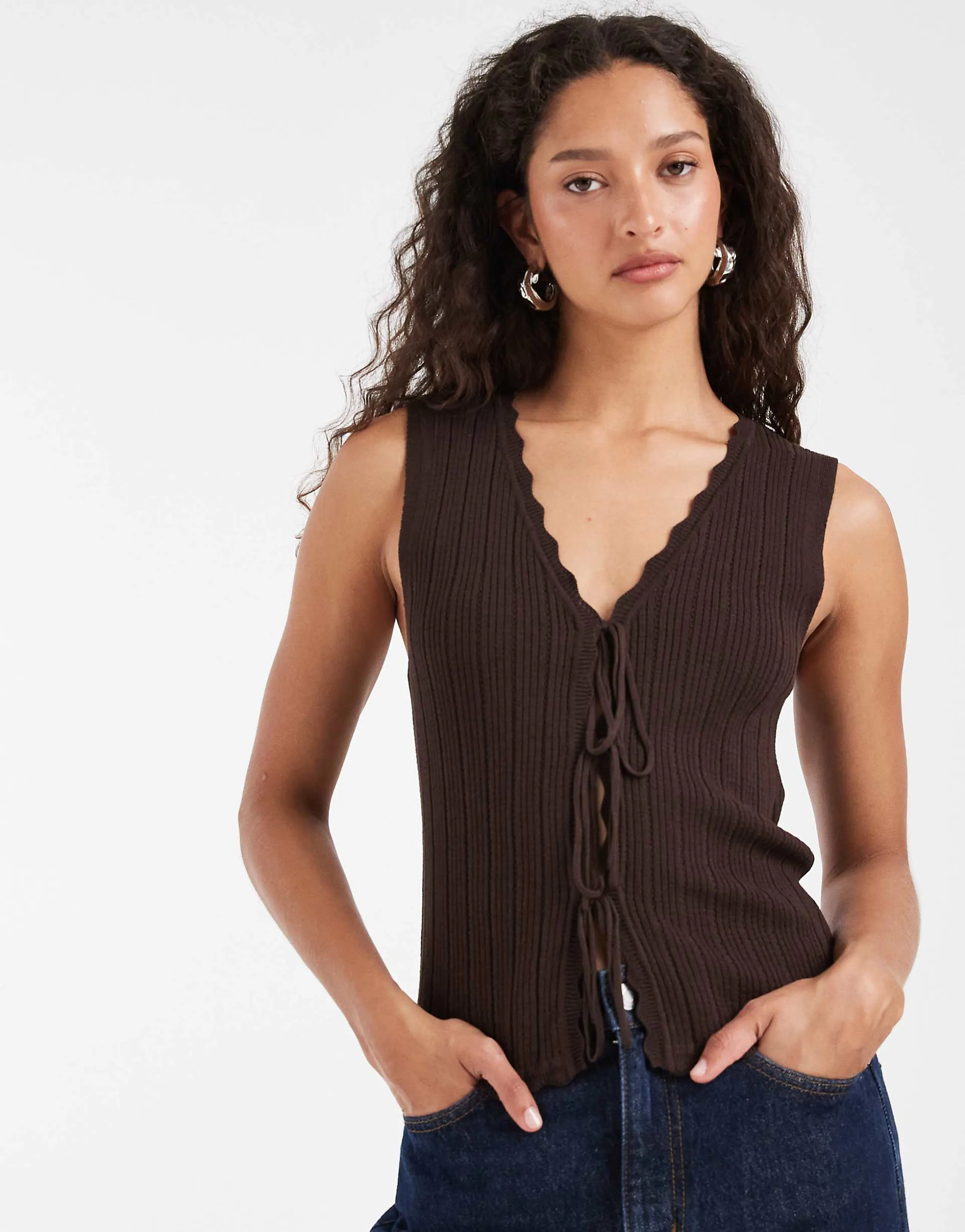 ONLY v-neck tie front knit tank top in chocolate brown