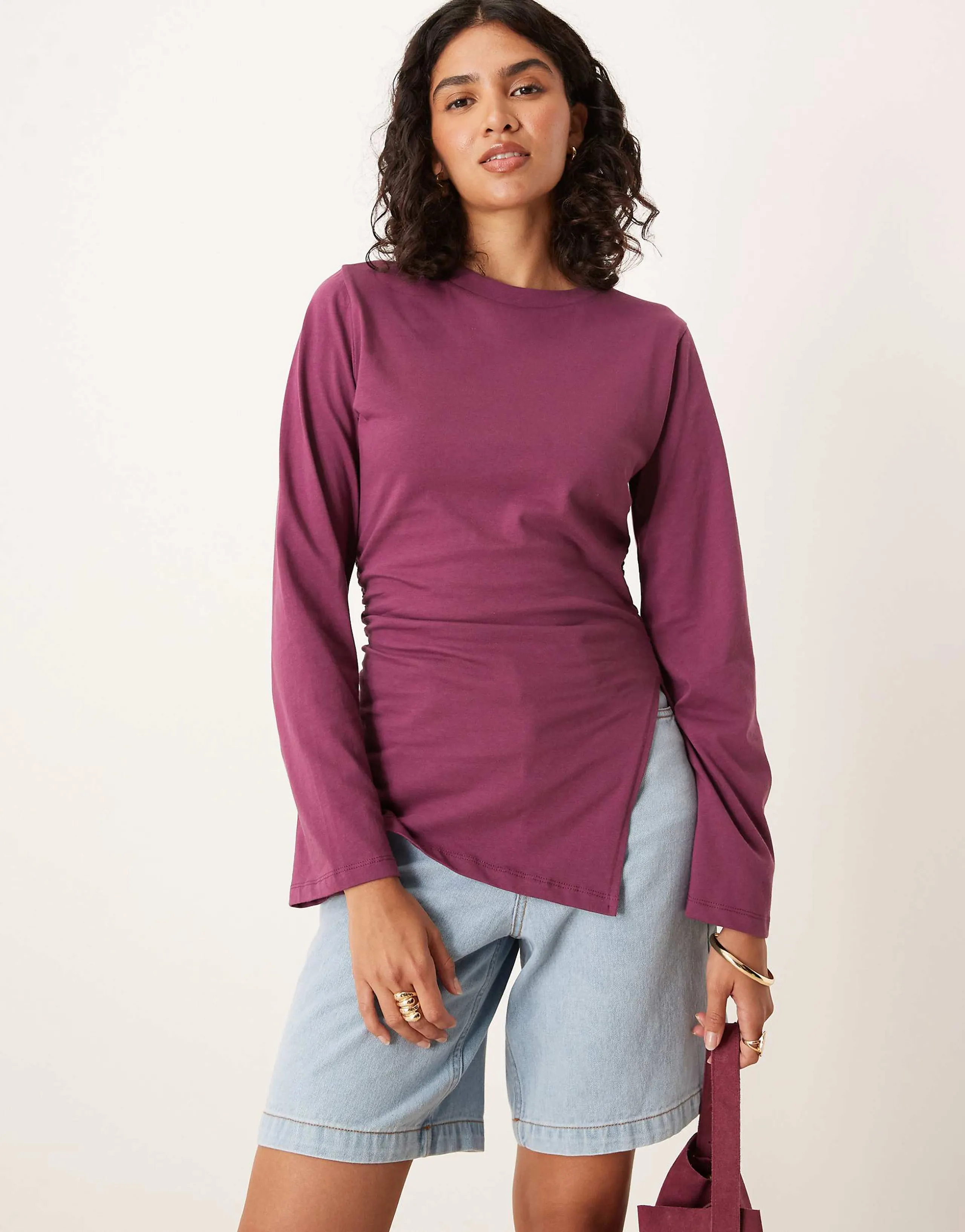 ASOS DESIGN asymmetric hem long sleeve ruched side top in fig