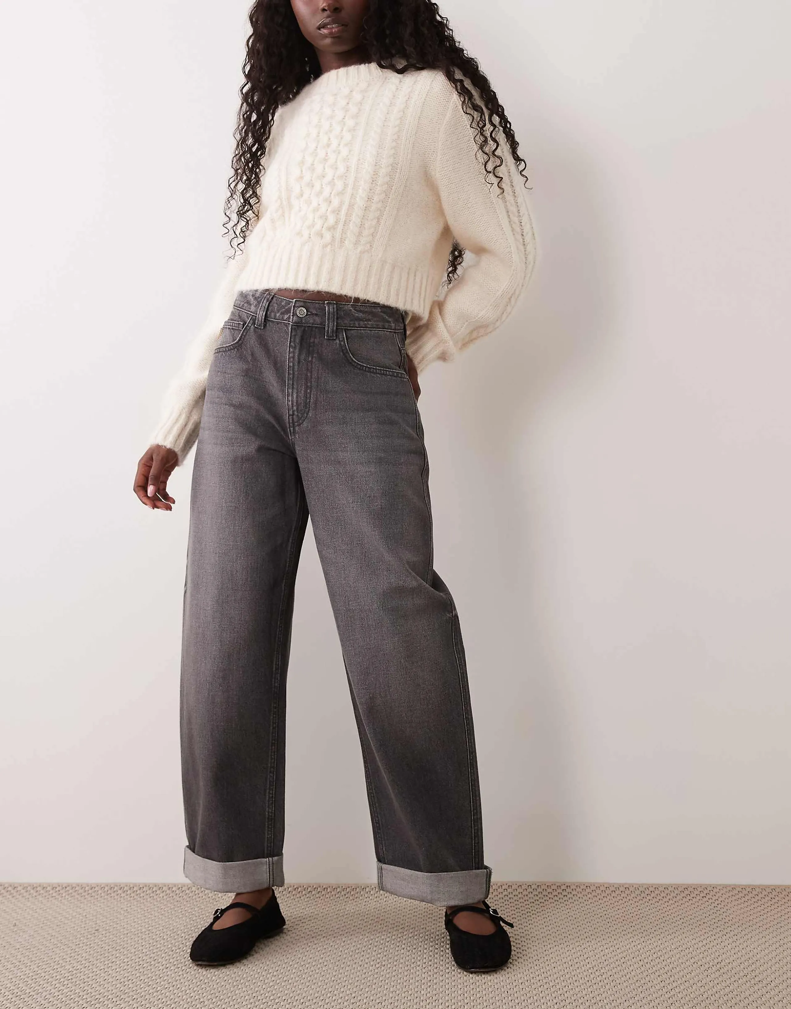 ASOS DESIGN high rise relaxed roll-up jeans in gray