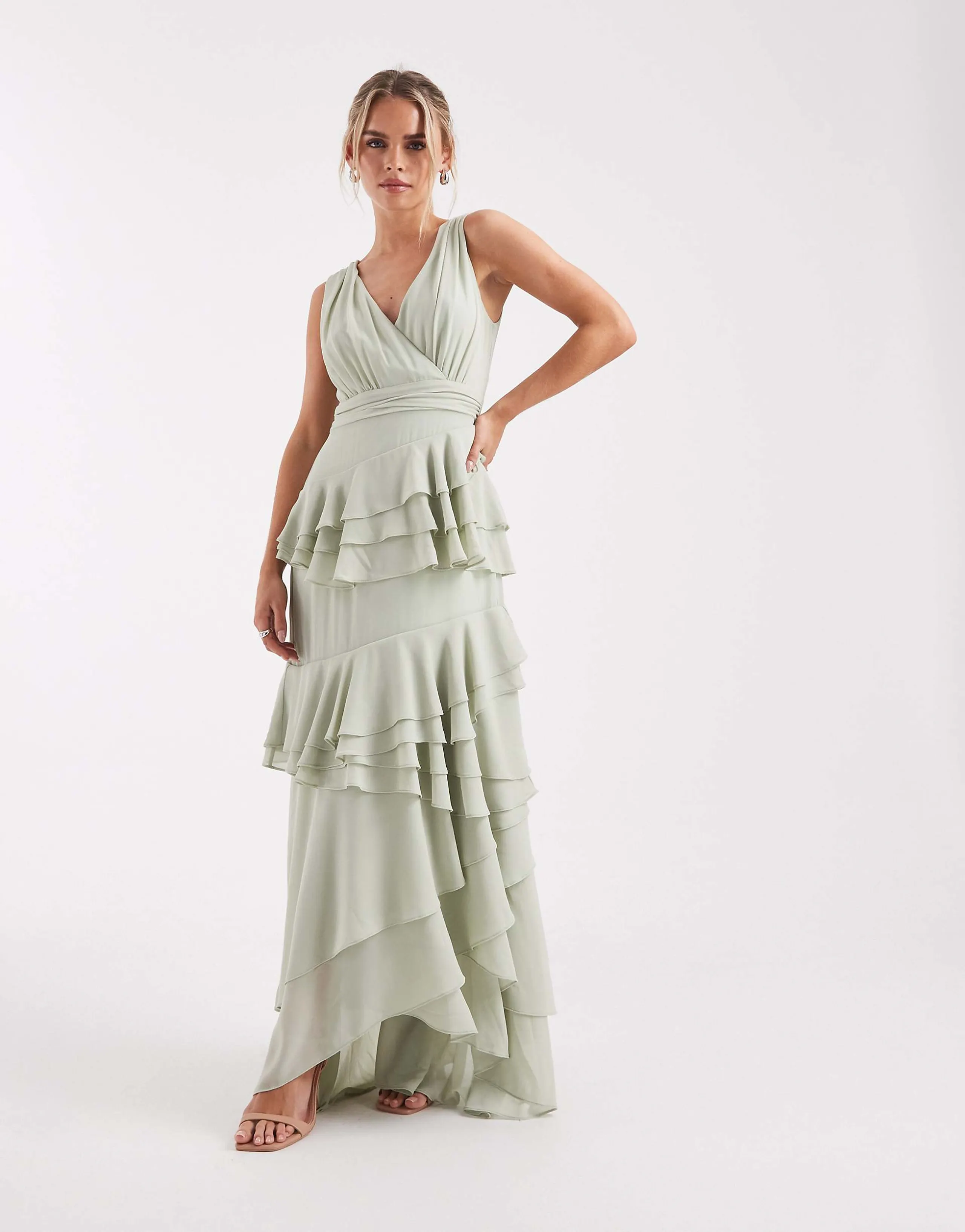 TFNC Petite Bridesmaid chiffon wrap front maxi dress with tiered ruffles in sage green