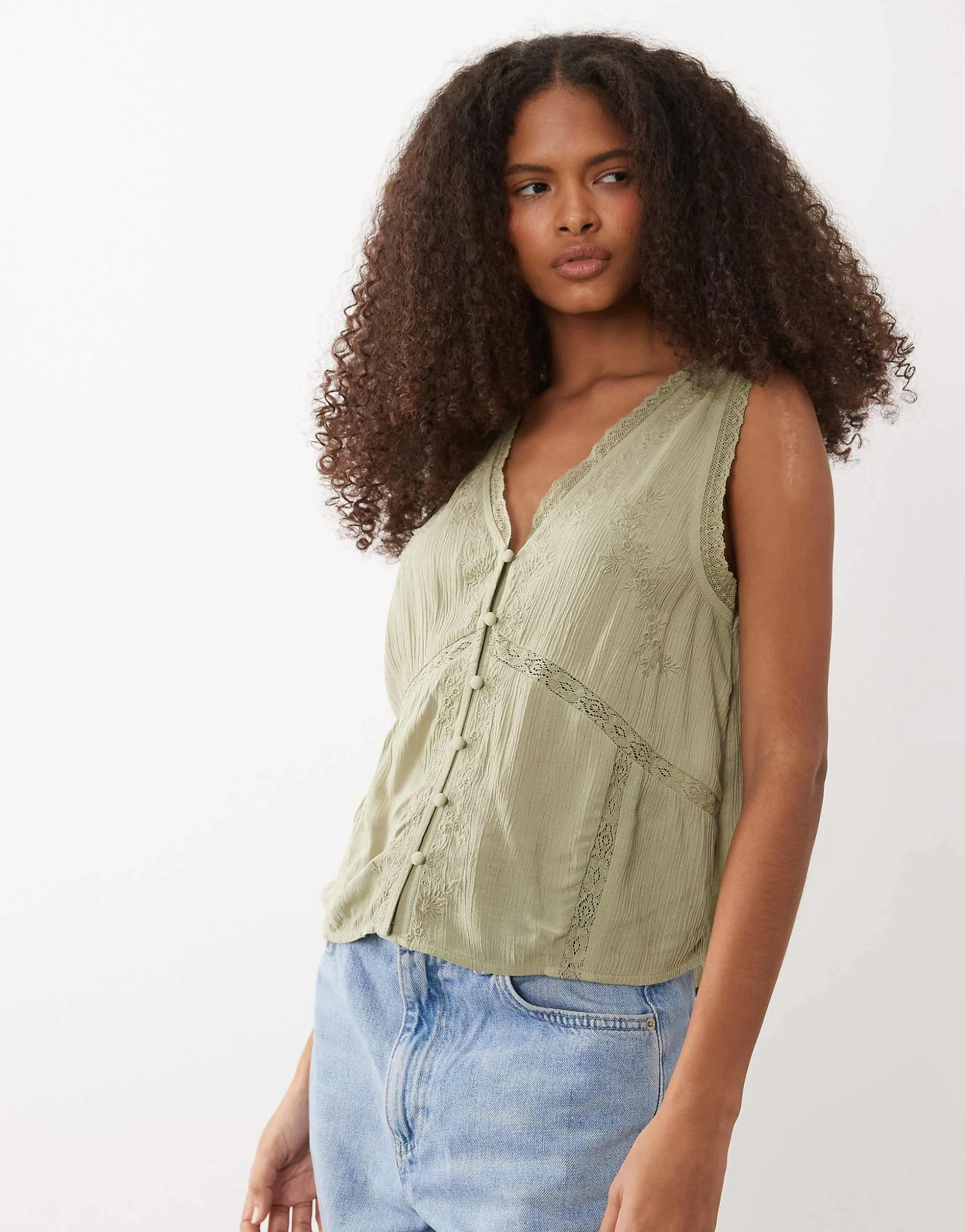 Miss Selfridge lace inserts vest in sage