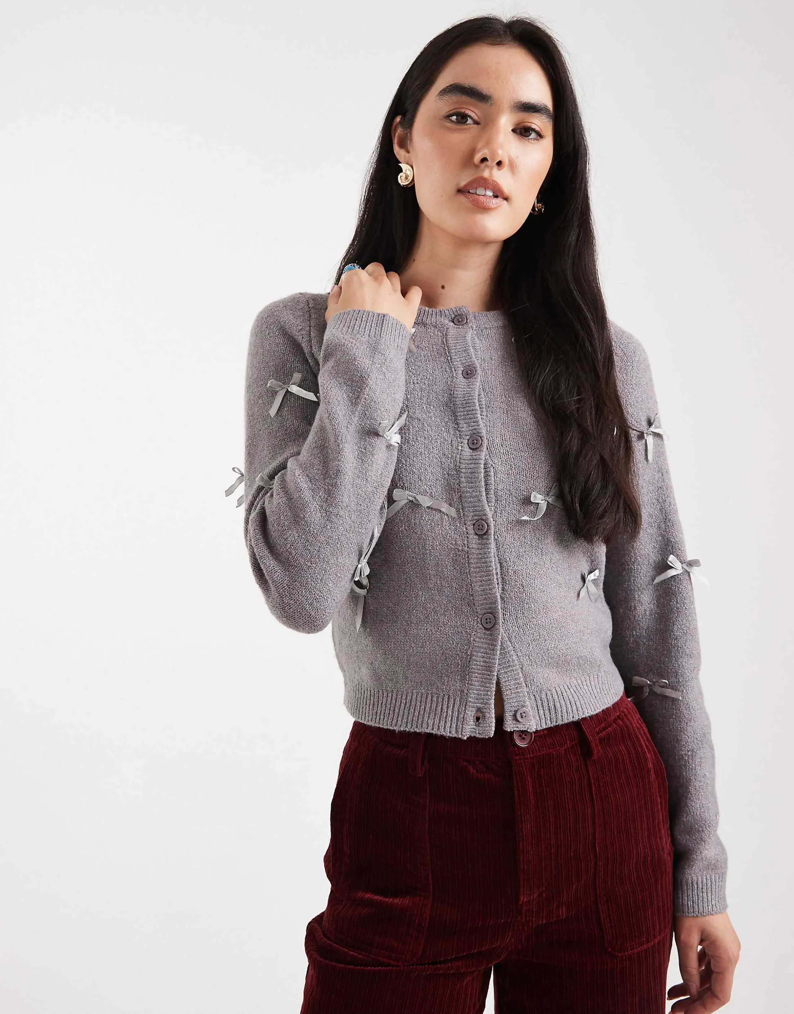 Brave Soul cardigan with all over ribbon bow detail in gray