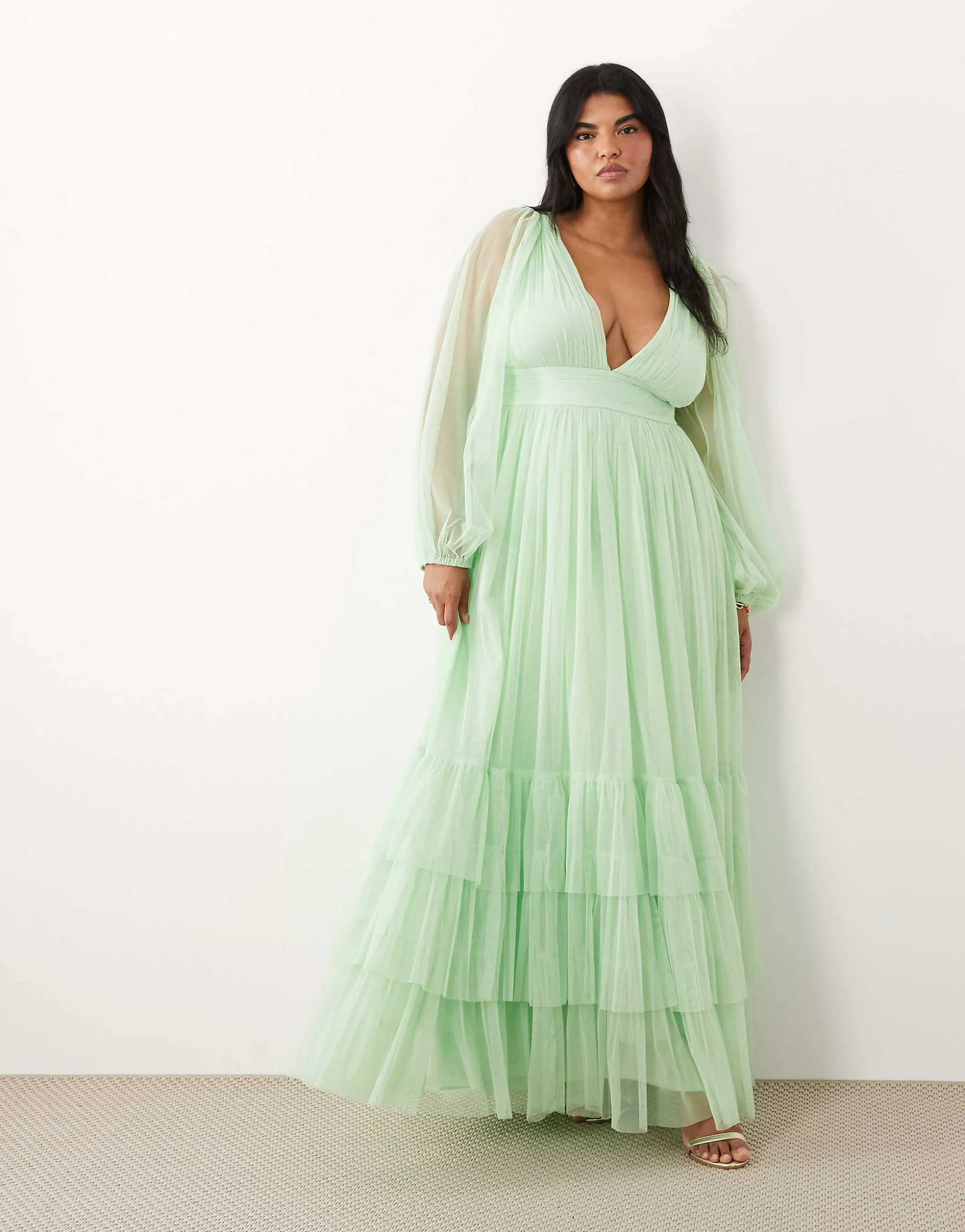 Lace & Beads Plus Bridesmaid Madison smocked plunge neck sheer sleeves maxi dress in light sage
