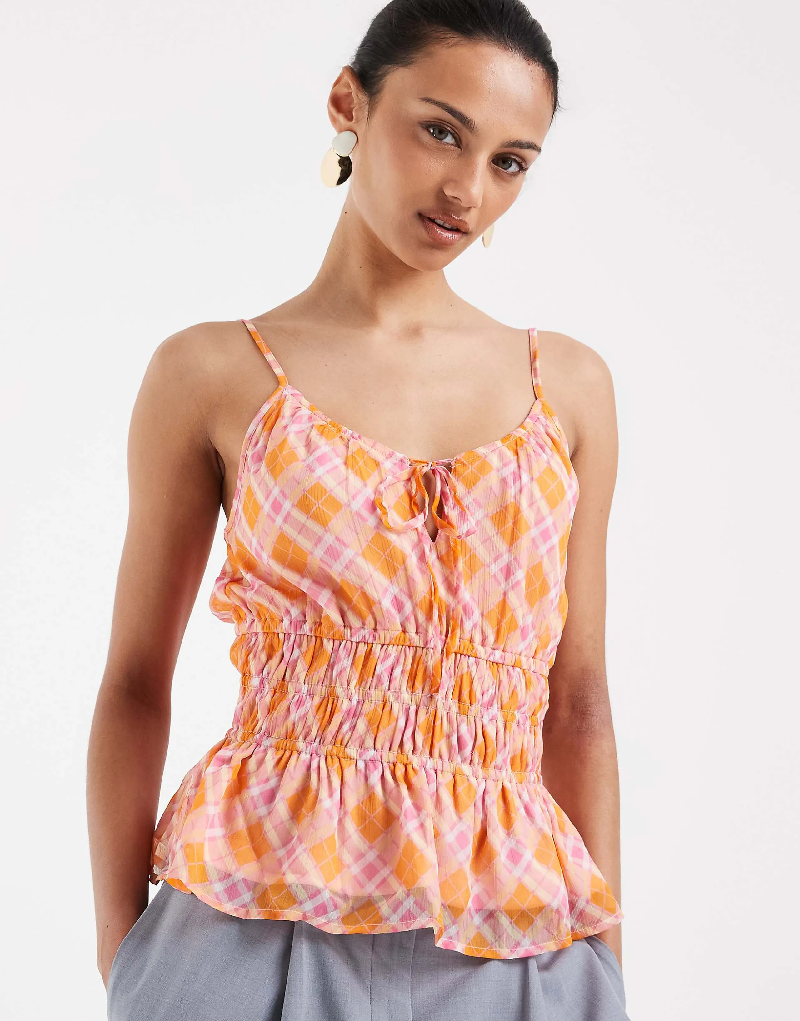 Vero Moda Smilla chiffon cami top with elasticized waist in orange and pink check