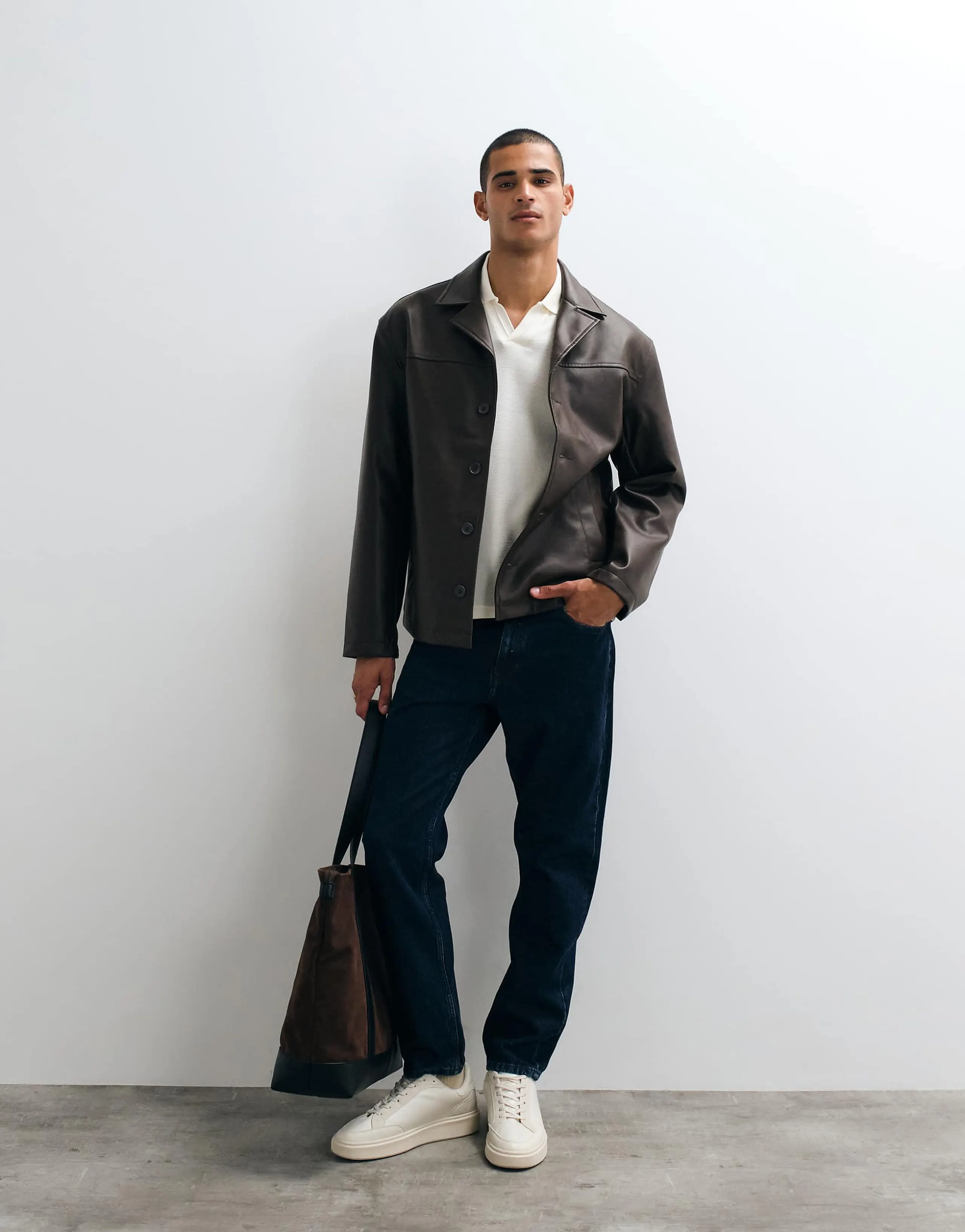 ASOS DESIGN faux leather shacket in brown