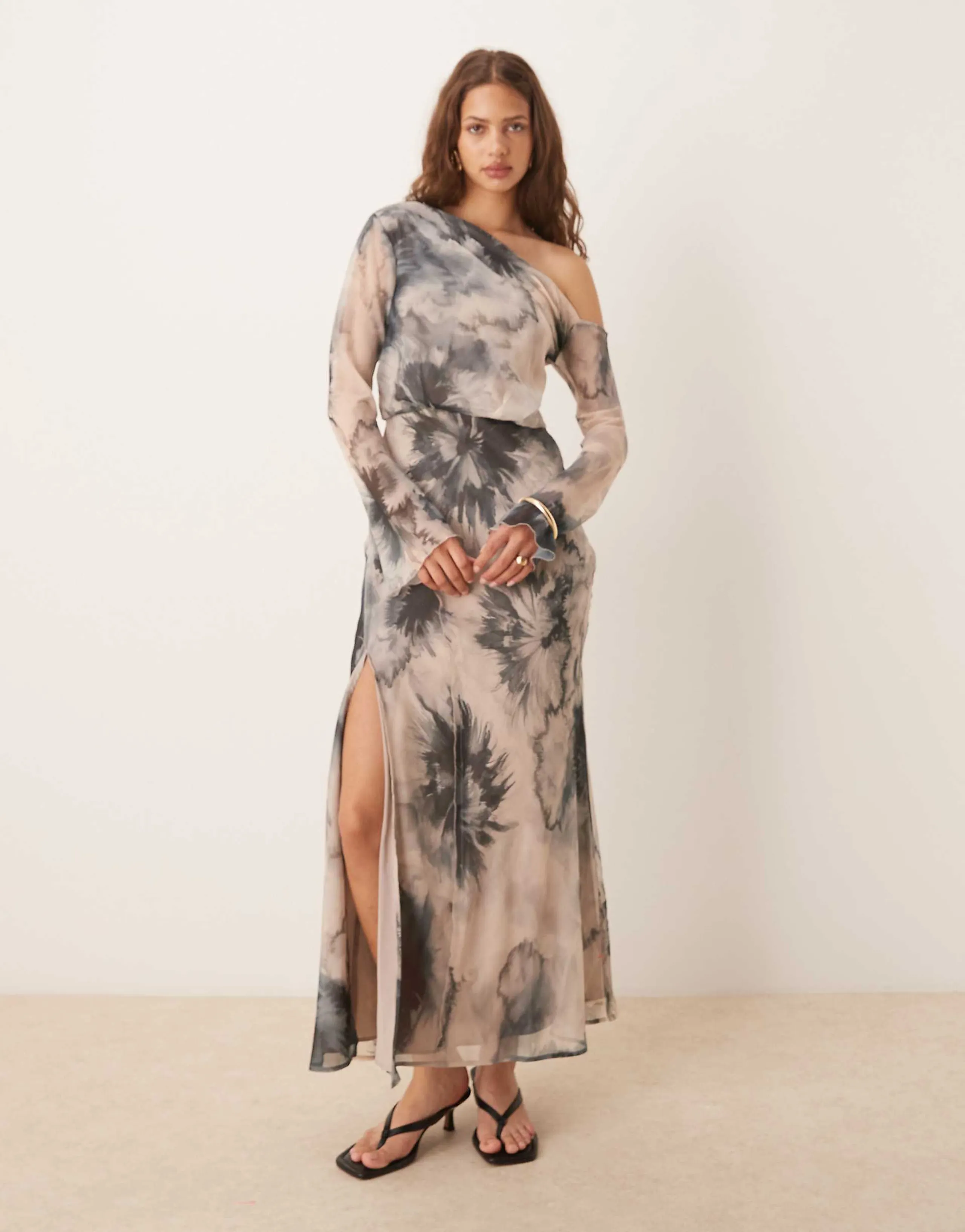 ASOS DESIGN fallen shoulder midi dress with seaming details in inky floral