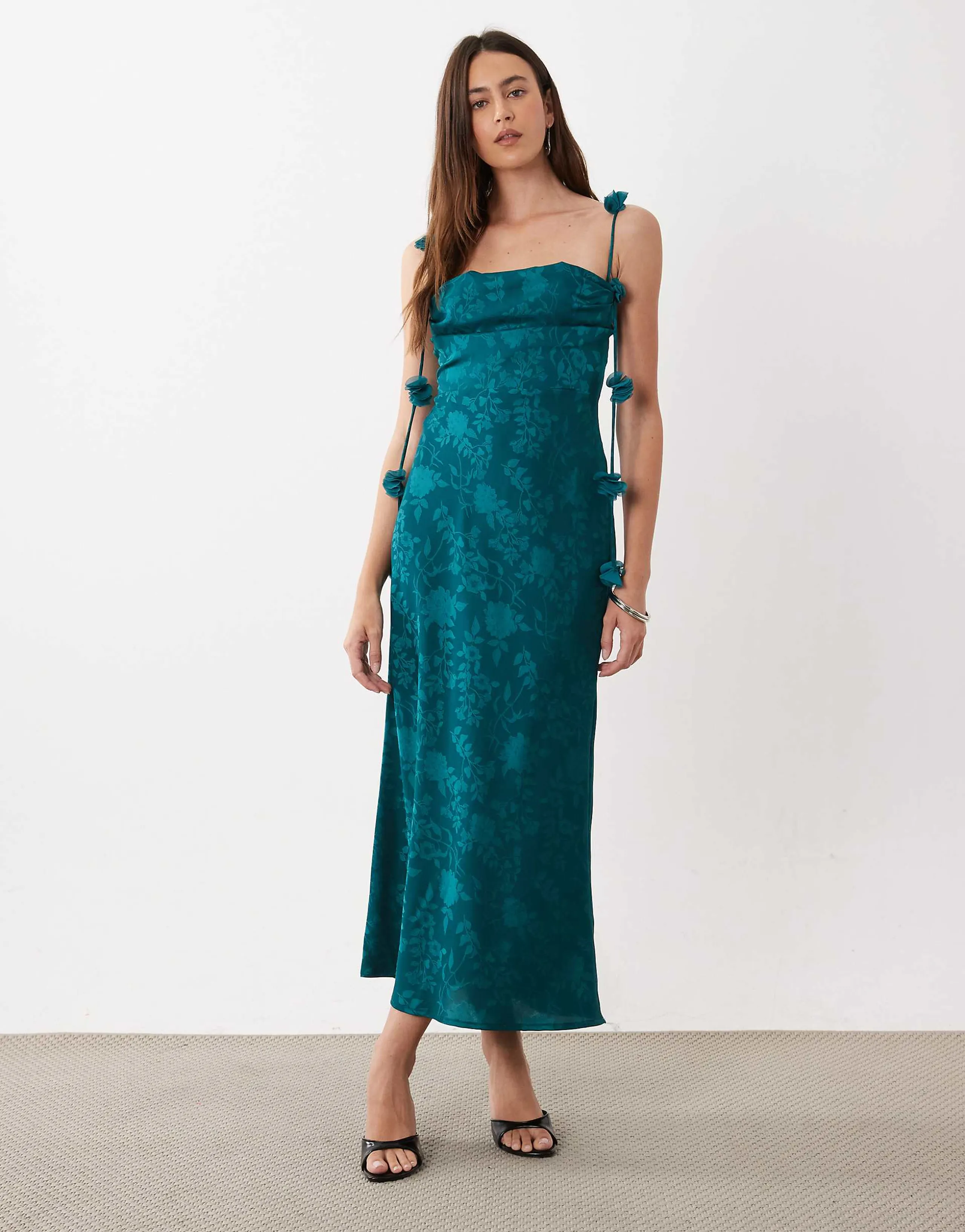 Rare London satin jacquard petal strap detail maxi dress in teal