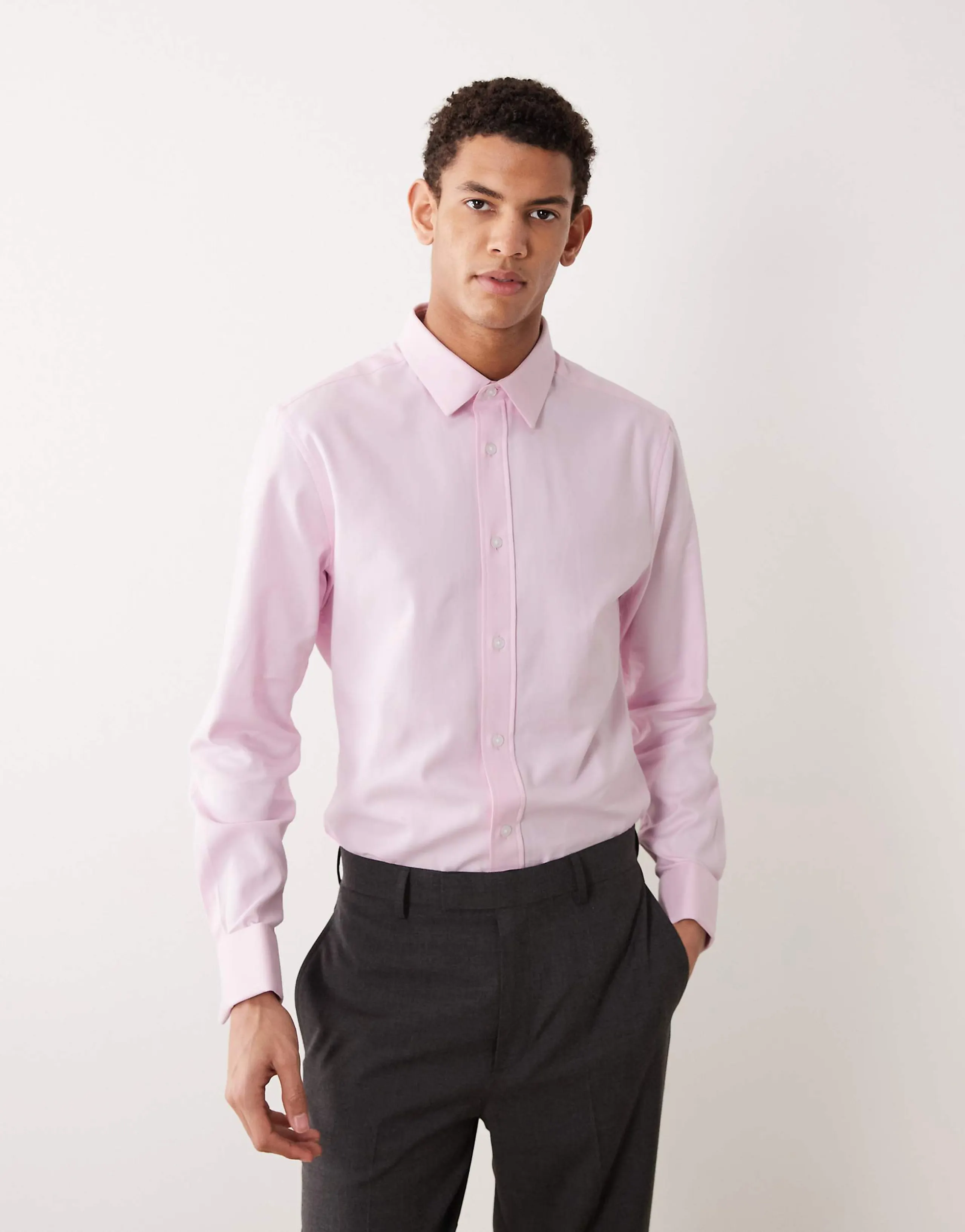 ASOS DESIGN slim textured dress shirt with double cuffs in pink