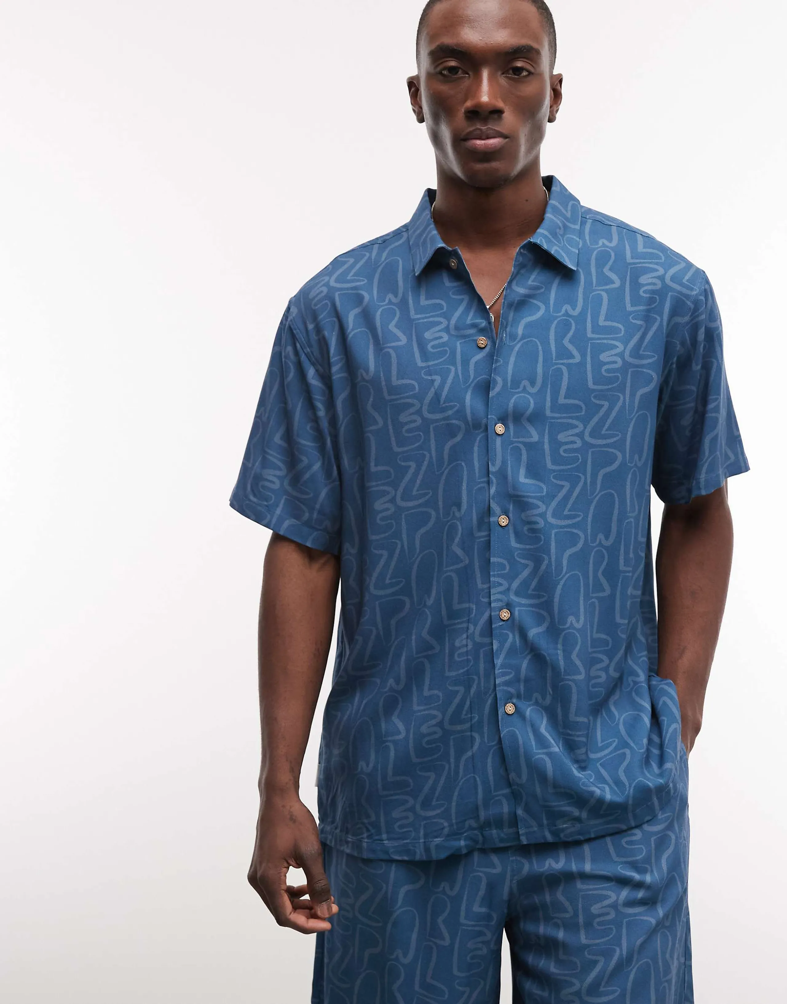 Parlez short sleeve stamp geometric pattern button up shirt in mid blue - part of a set