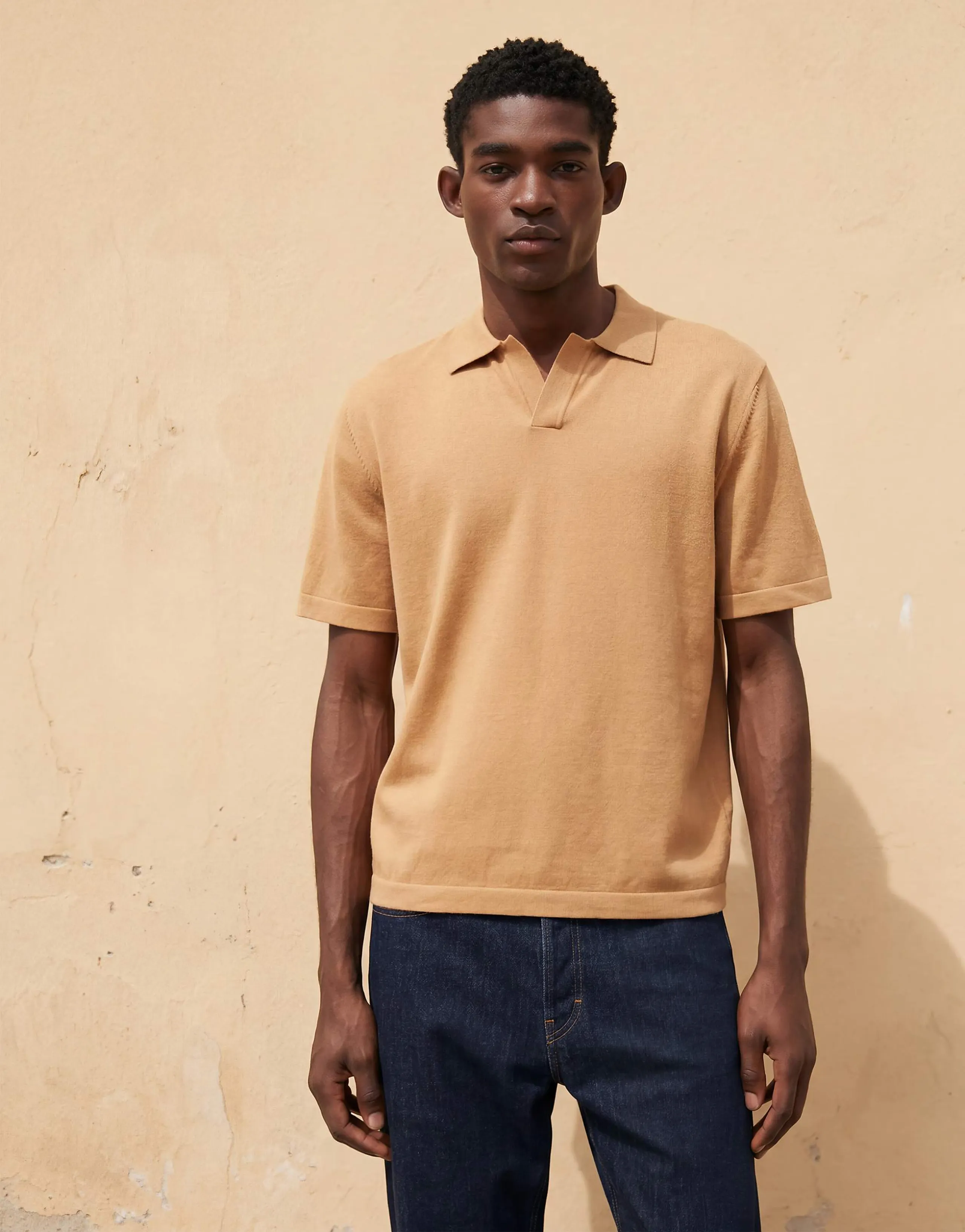 ASOS DESIGN Essential relaxed fine-knit notch polo in tan