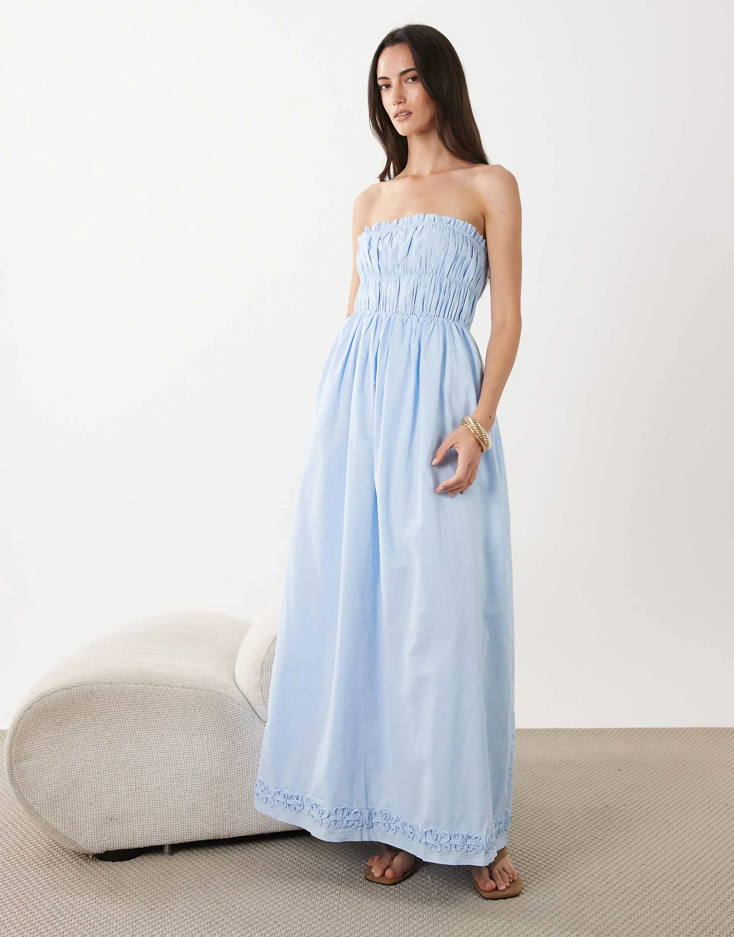 SNDYS linen blend bandeau shirred detail maxi dress in baby blue