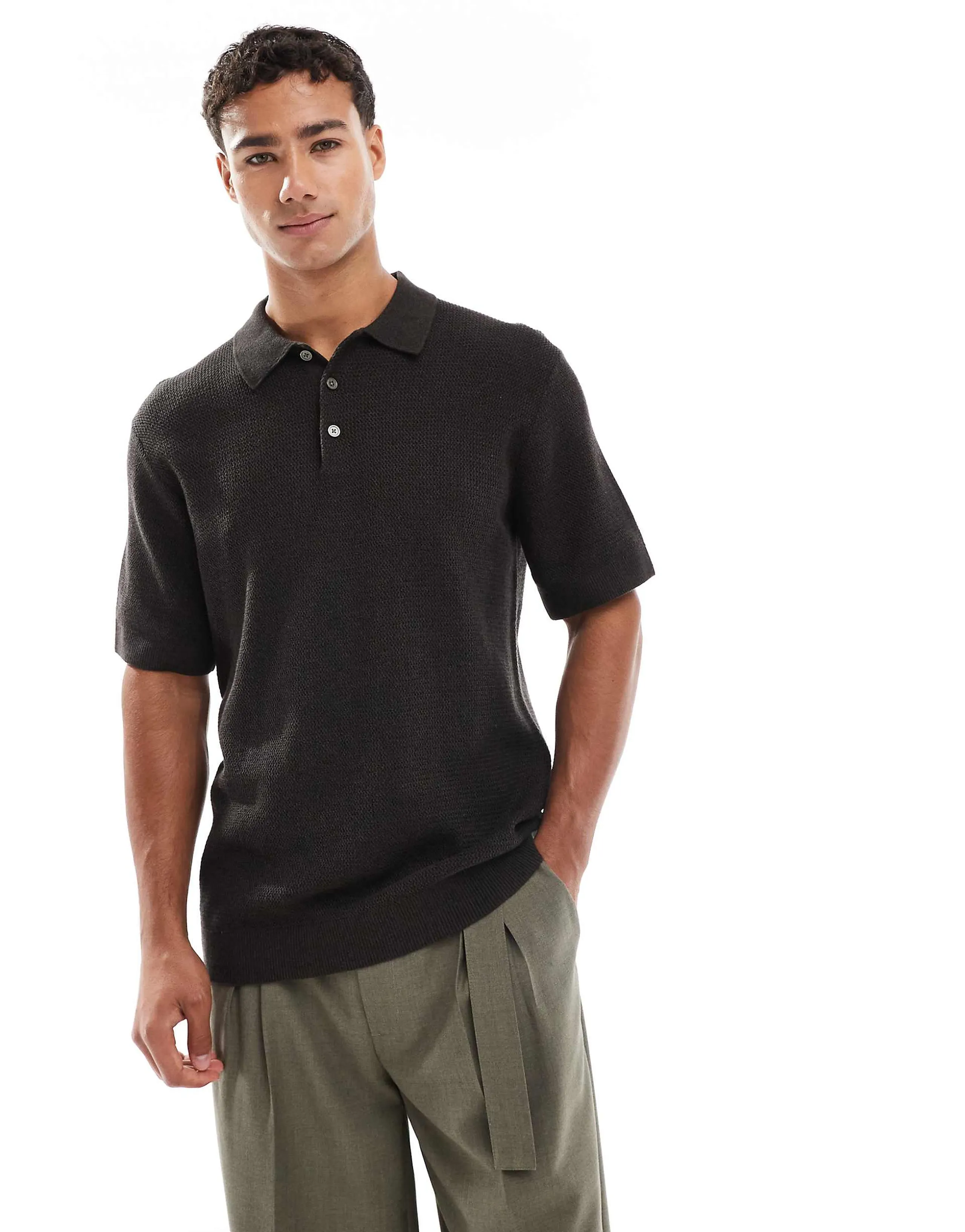 Jack & Jones short sleeve knit polo in brown