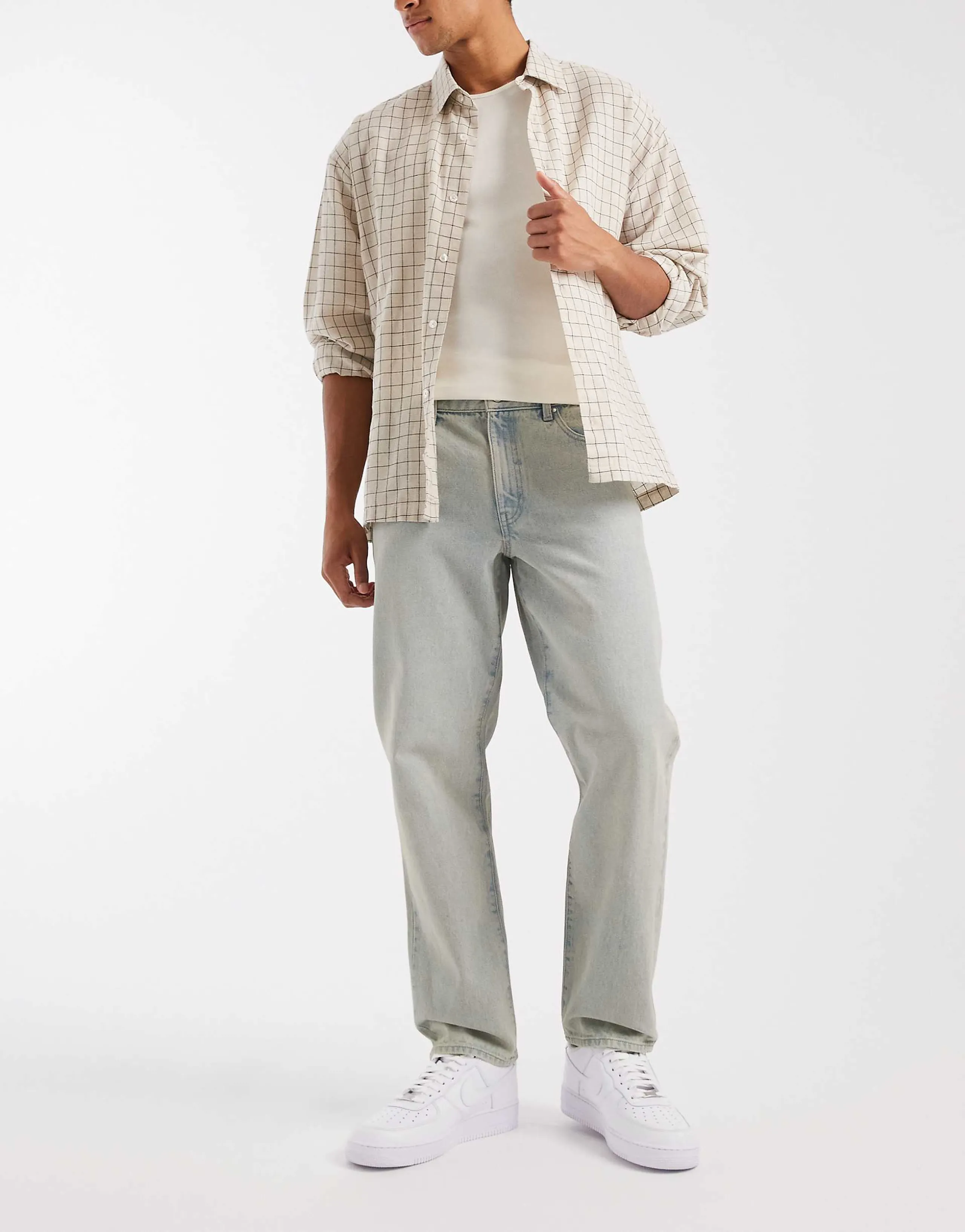 ASOS DESIGN straight jeans in light wash blue with pleats