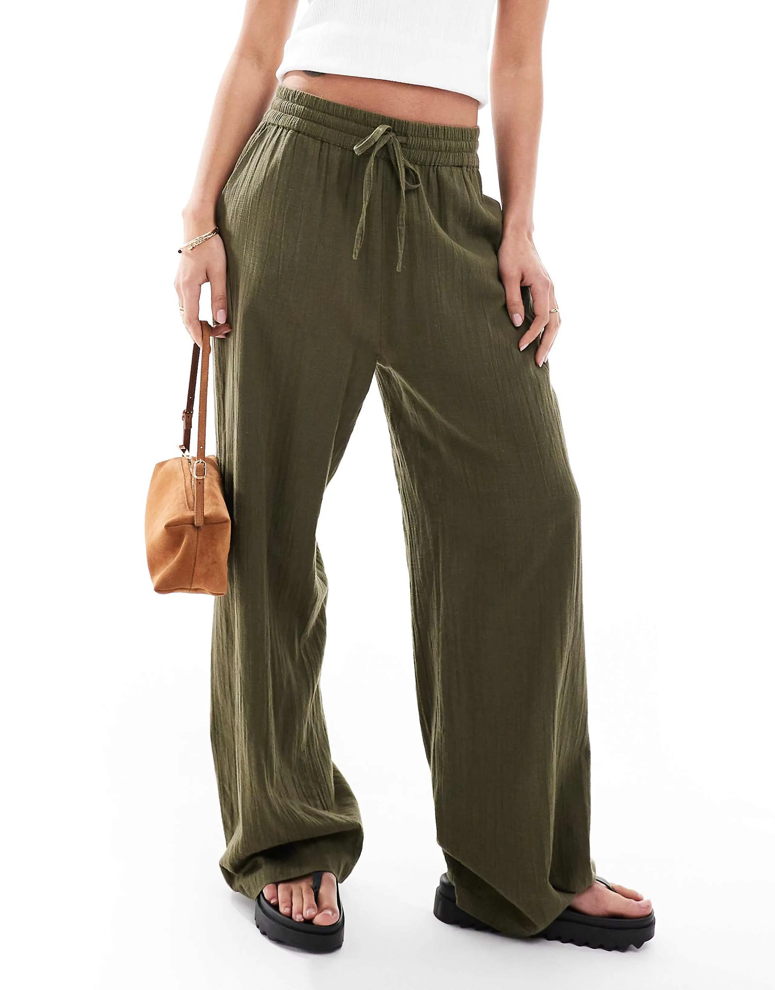 ONLY wide leg linen look pants in khaki green