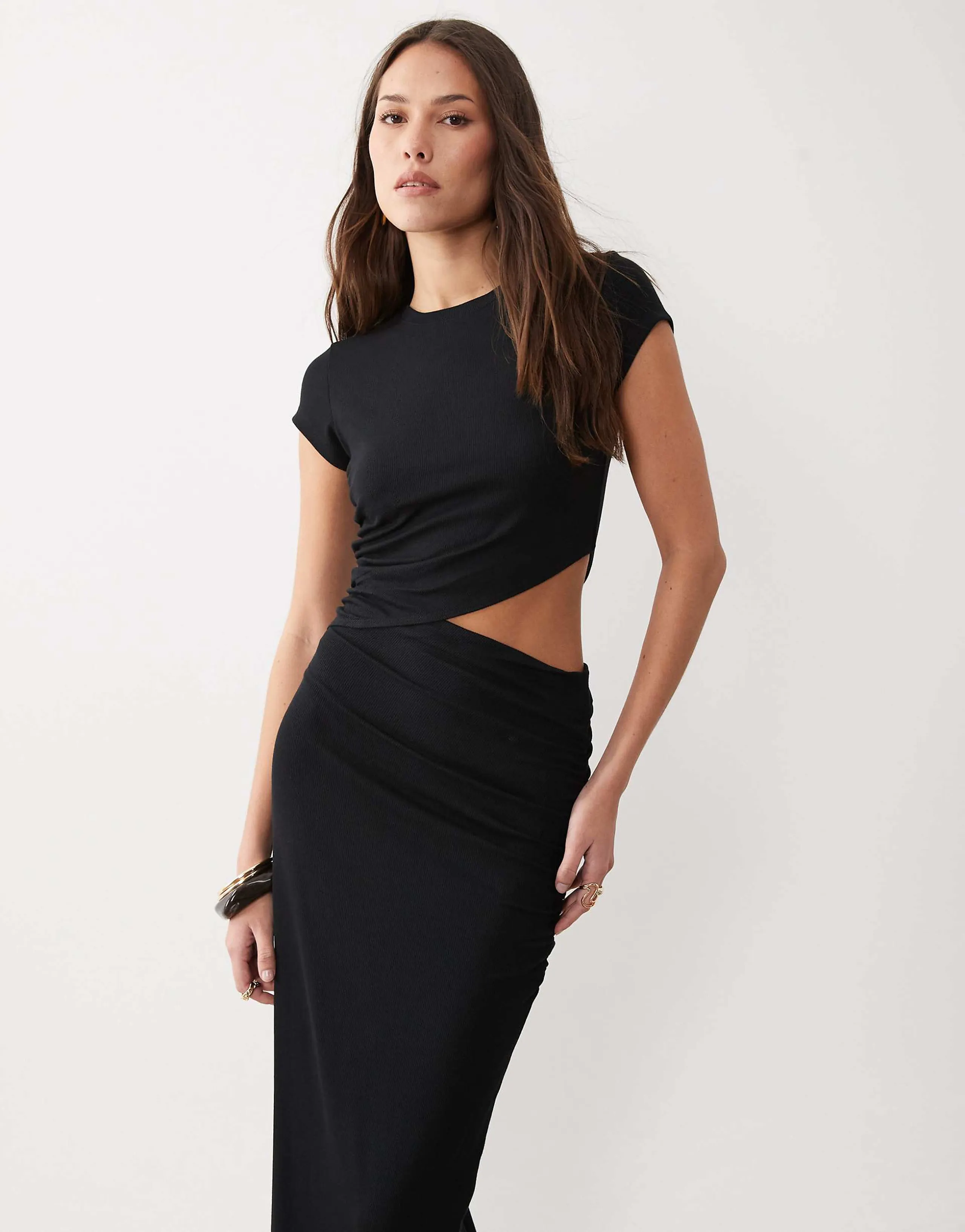 ASOS DESIGN light rib knit cut out midaxi dress in black
