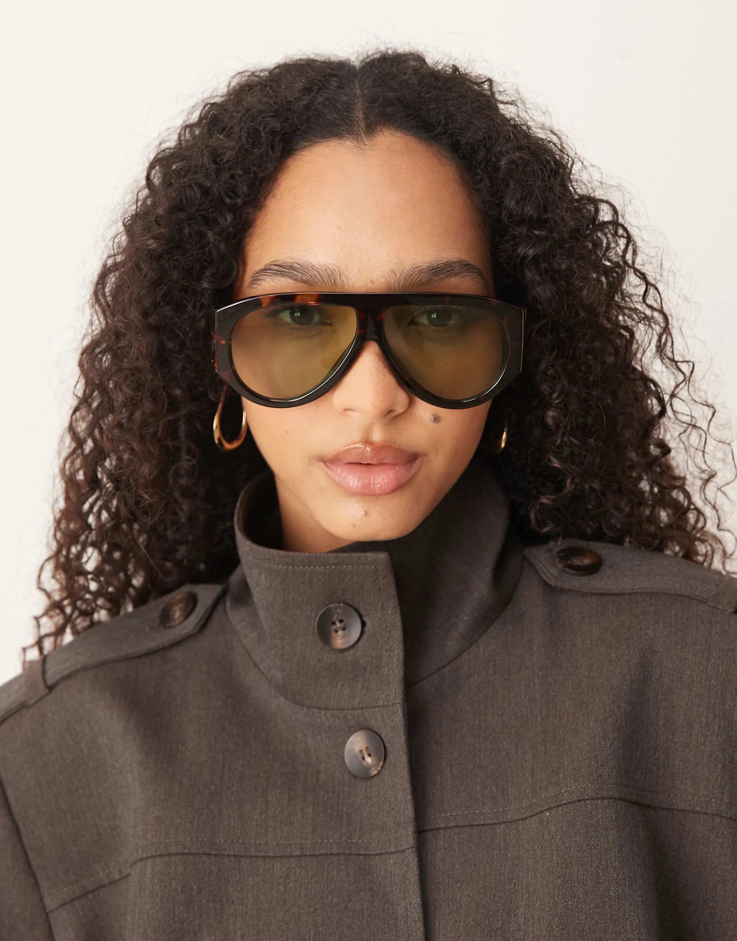 ASOS DESIGN wide temple aviator sunglasses in tort with green lenses