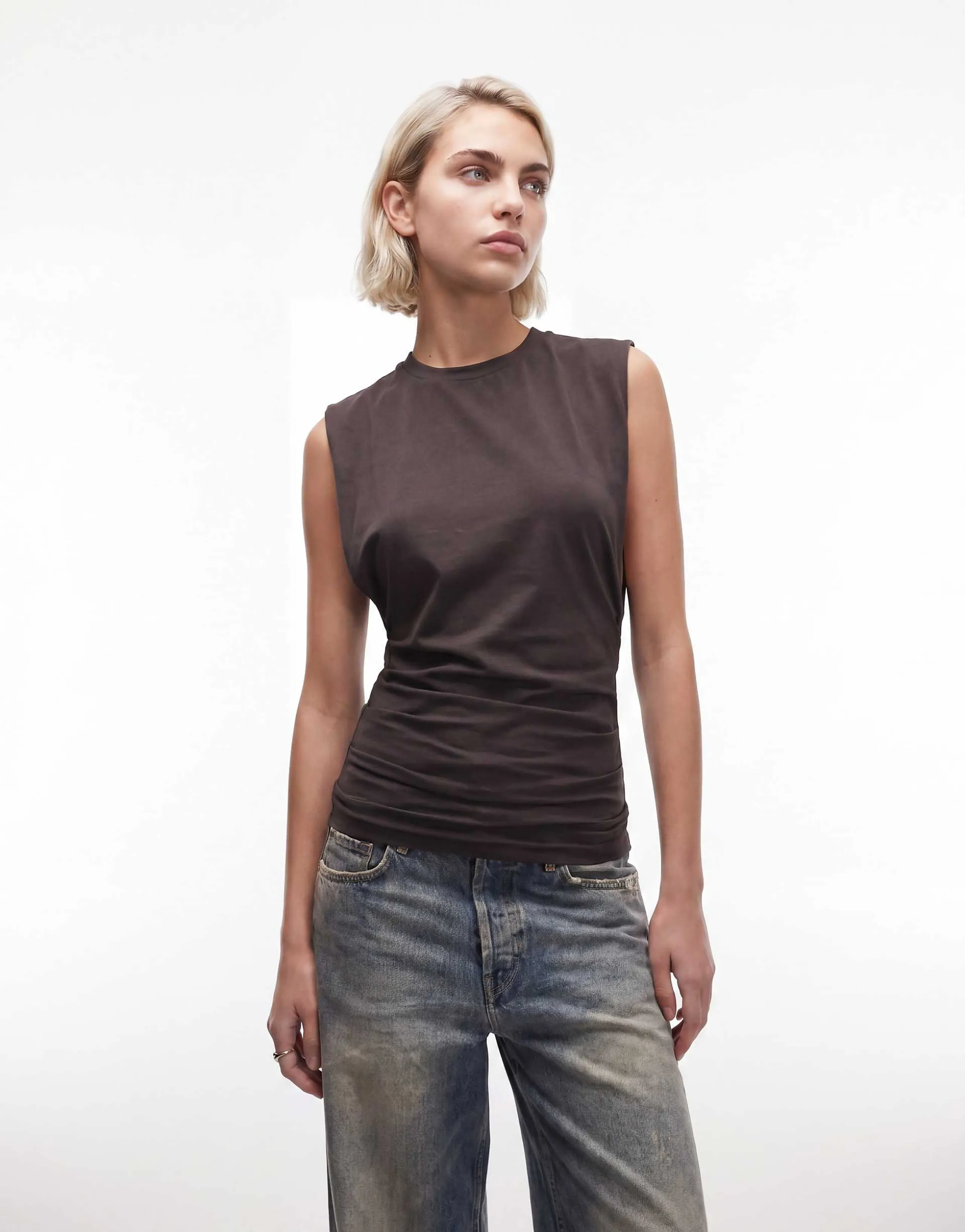 Weekday sleeveless top with cinched gathered waist in dark brown