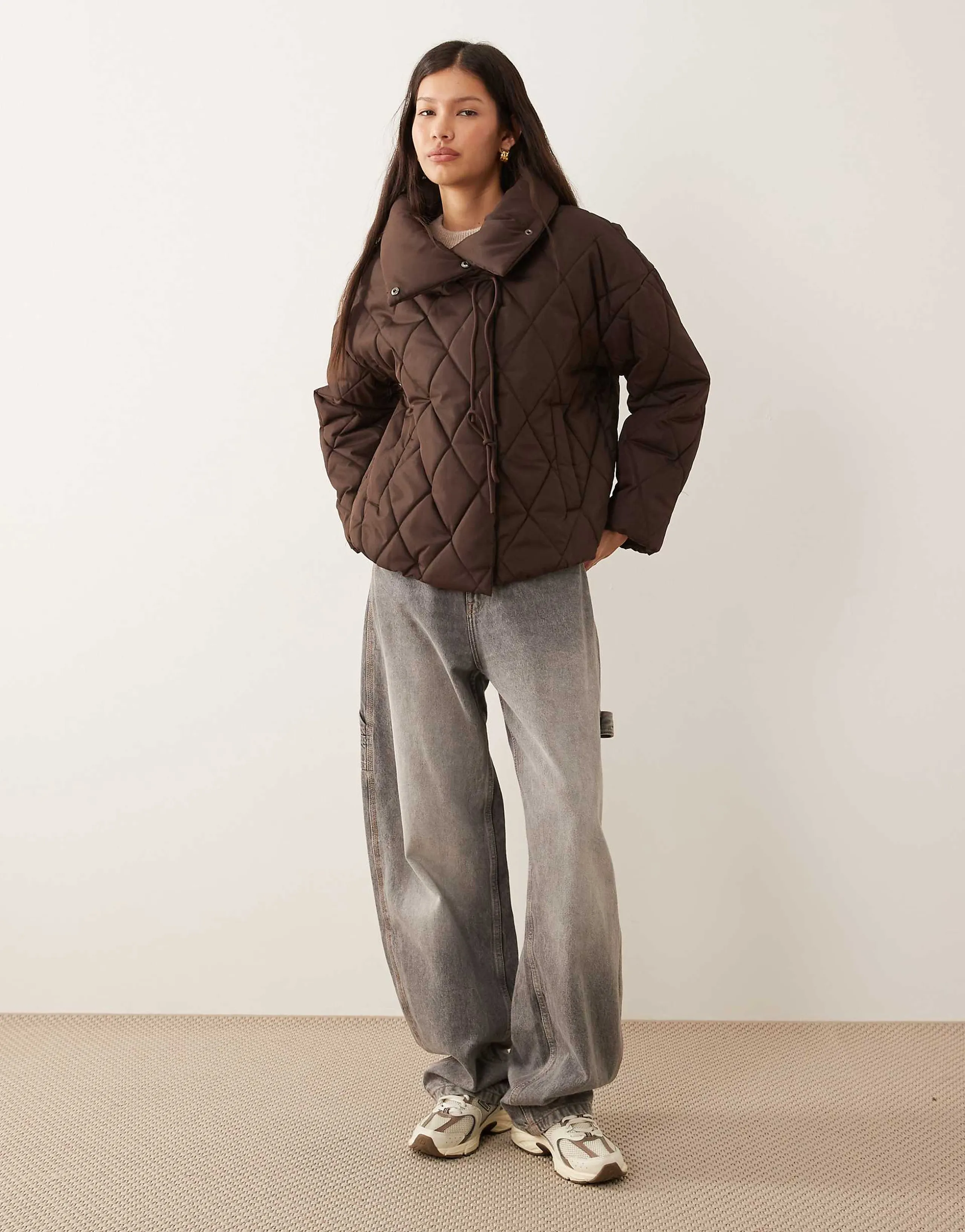 Vila high neck quilted jacket with tie details in chocolate brown