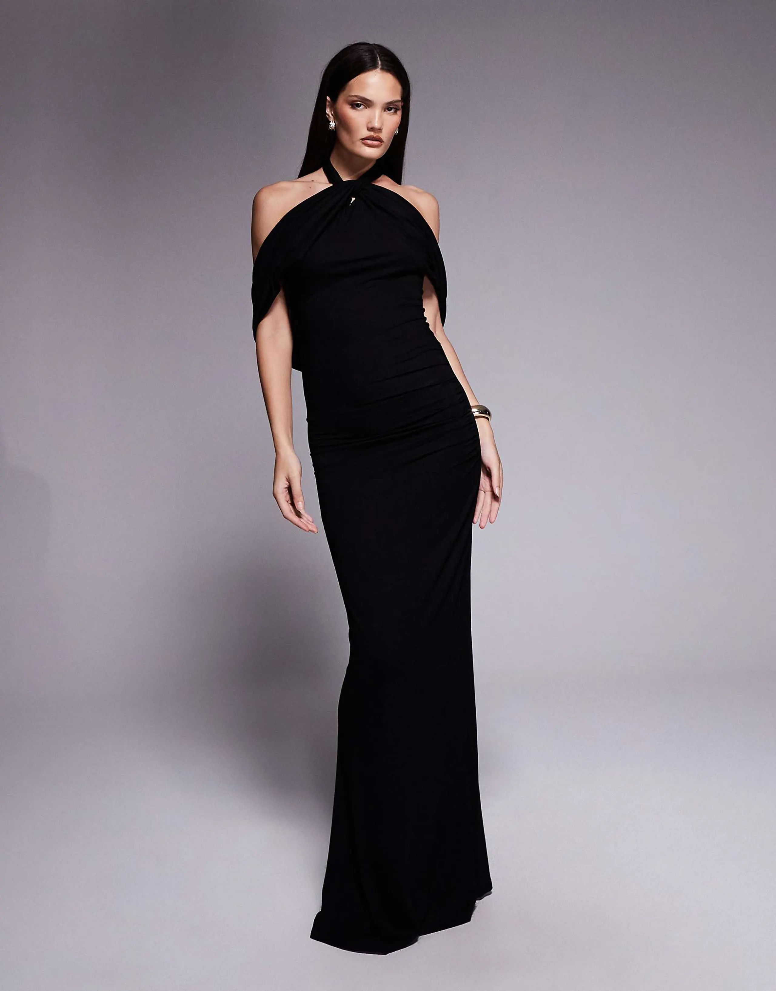 ASOS DESIGN draped cape halter maxi dress in black