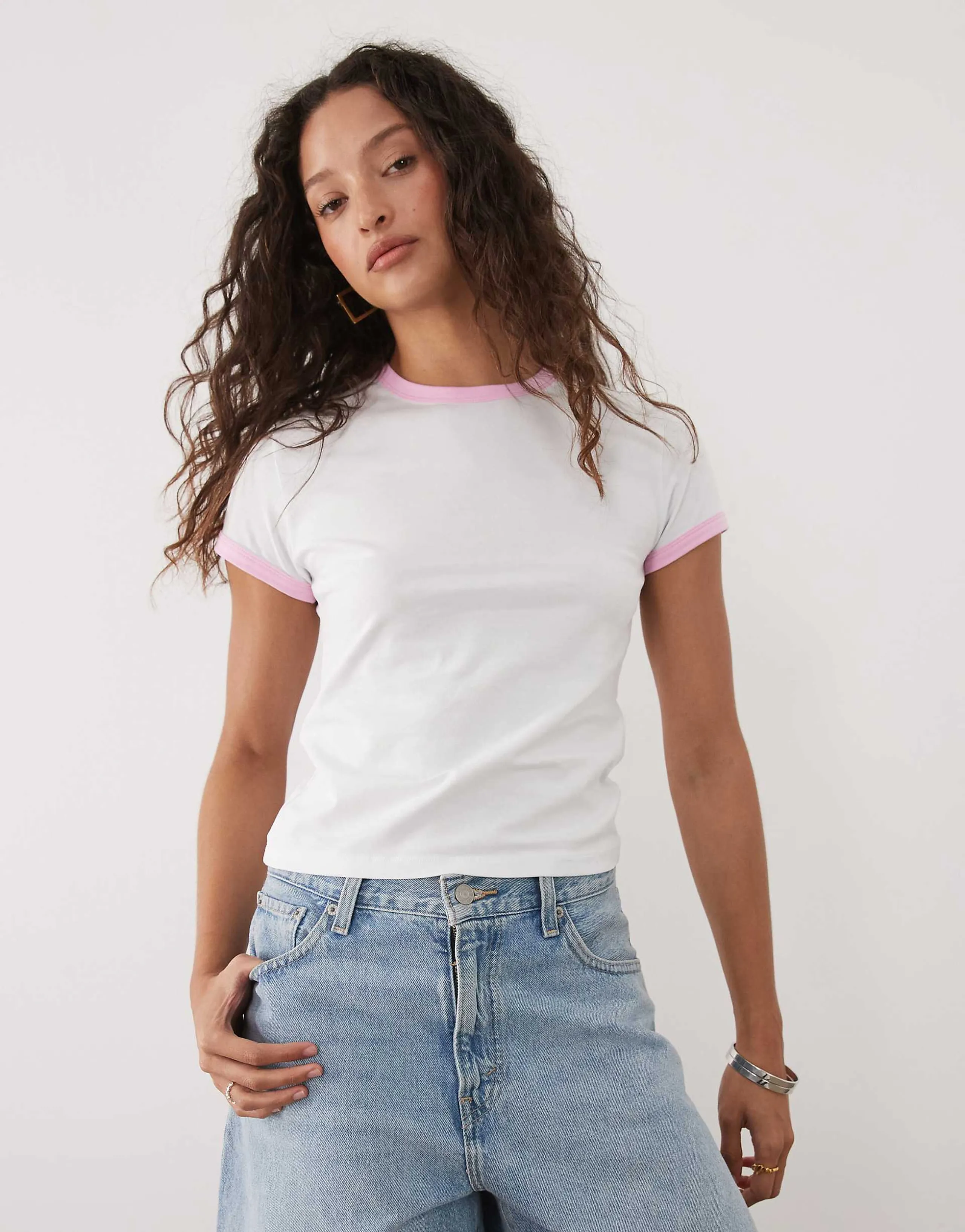 ASOS DESIGN short sleeve baby tee with contrast ringer in white and light pink