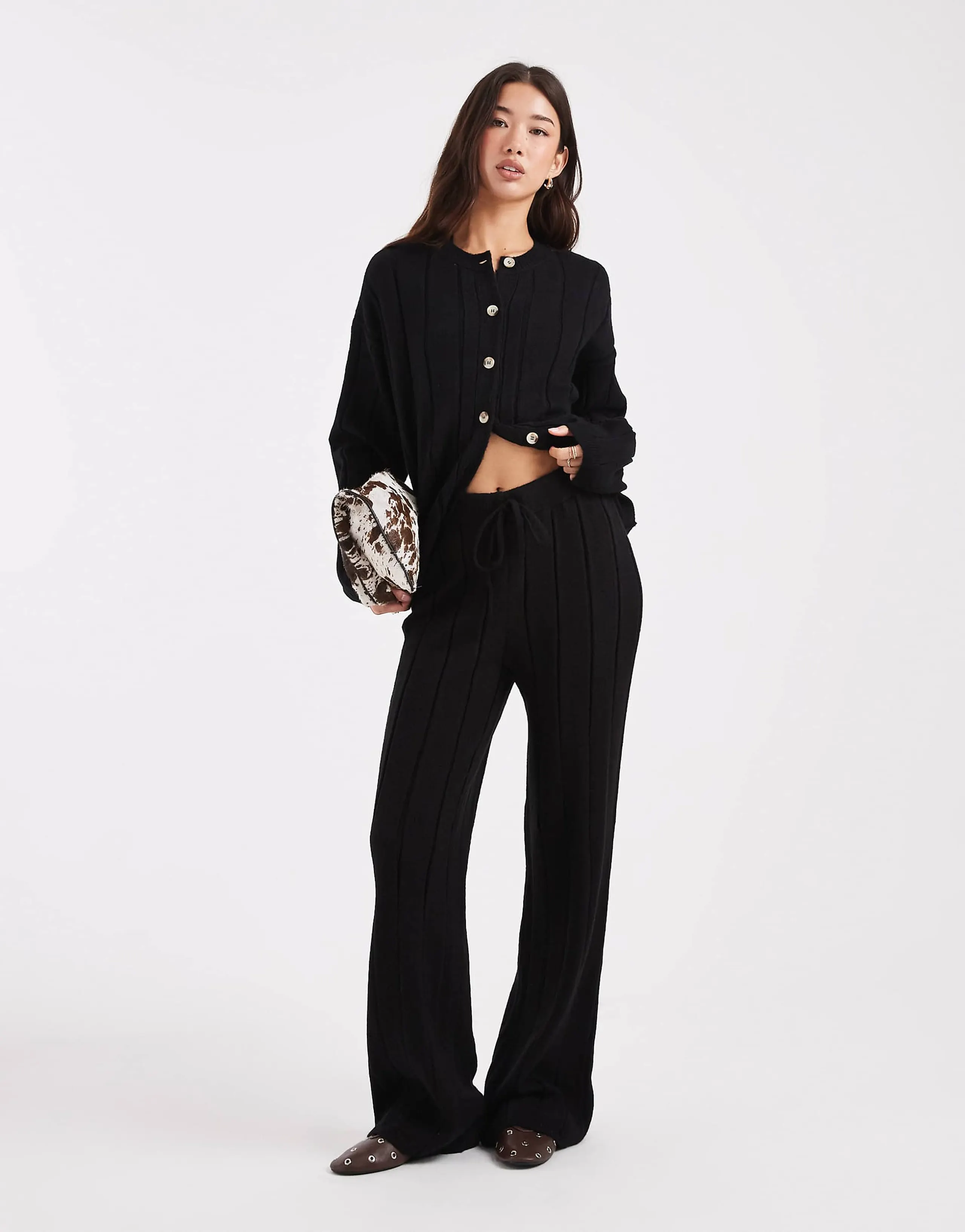 ASOS DESIGN fluffy rib knit pants in black - part of a set