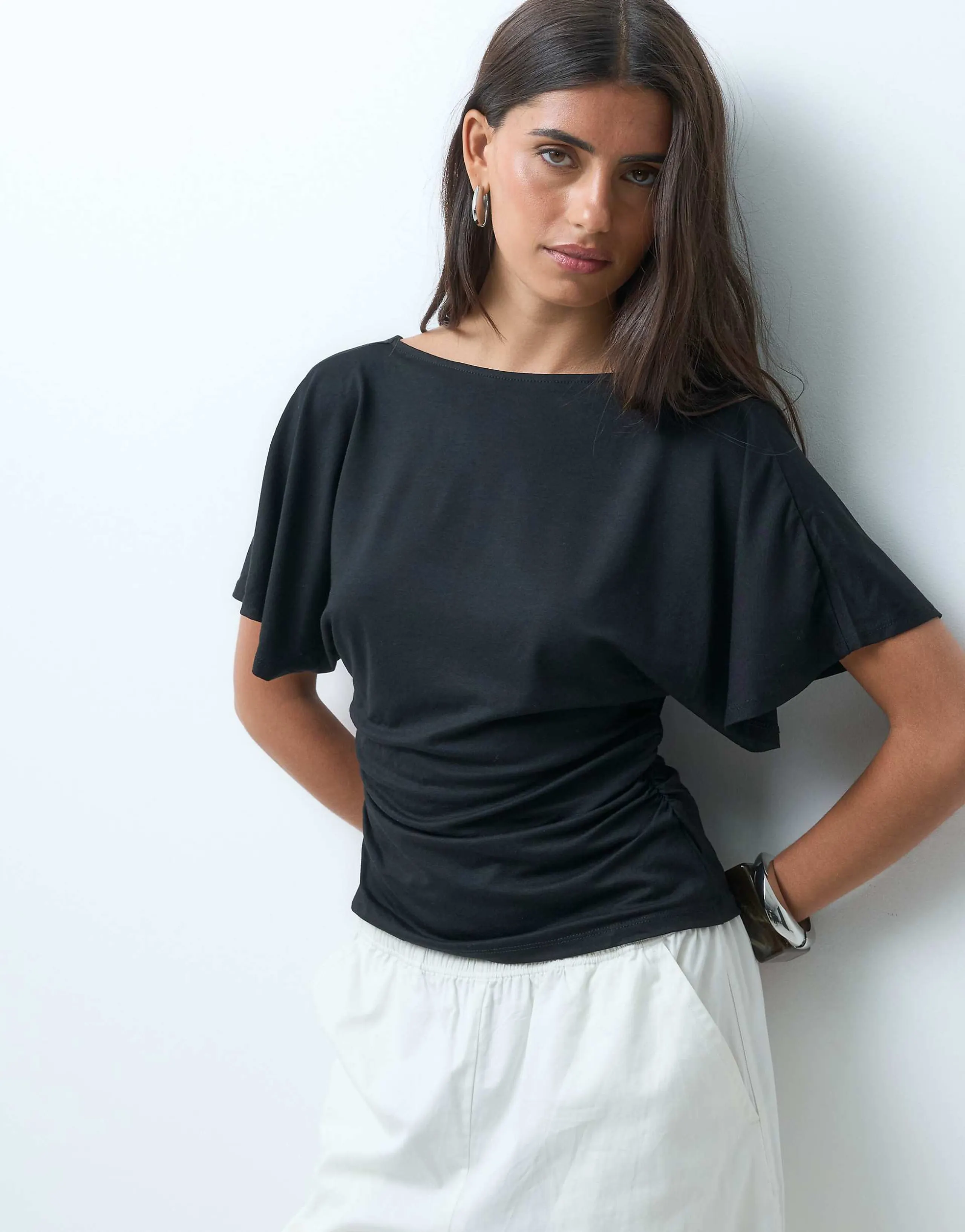 ASOS DESIGN cinched waist angel sleeve tee with v front detail in black
