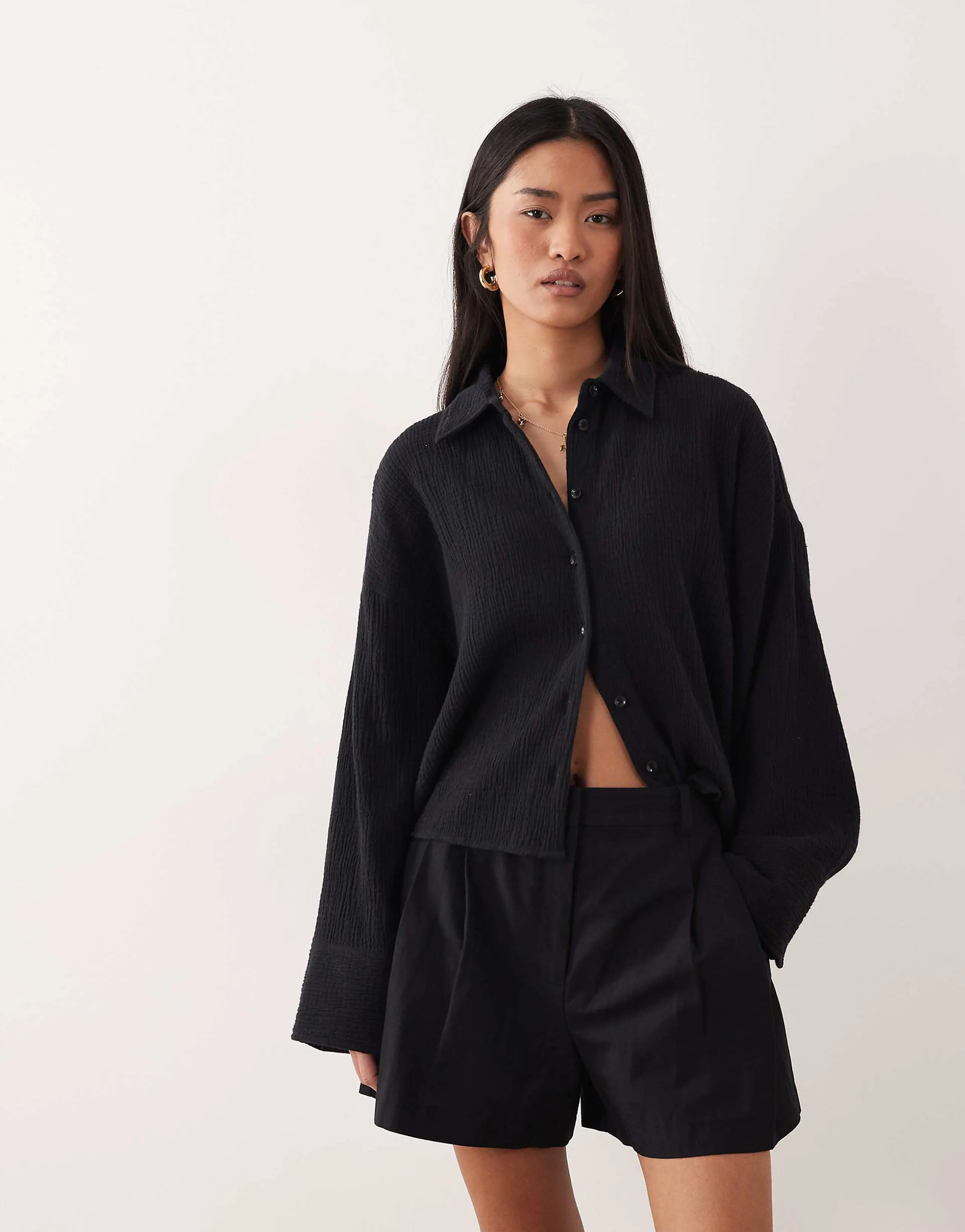 ASOS DESIGN cropped textured cotton shirt in black