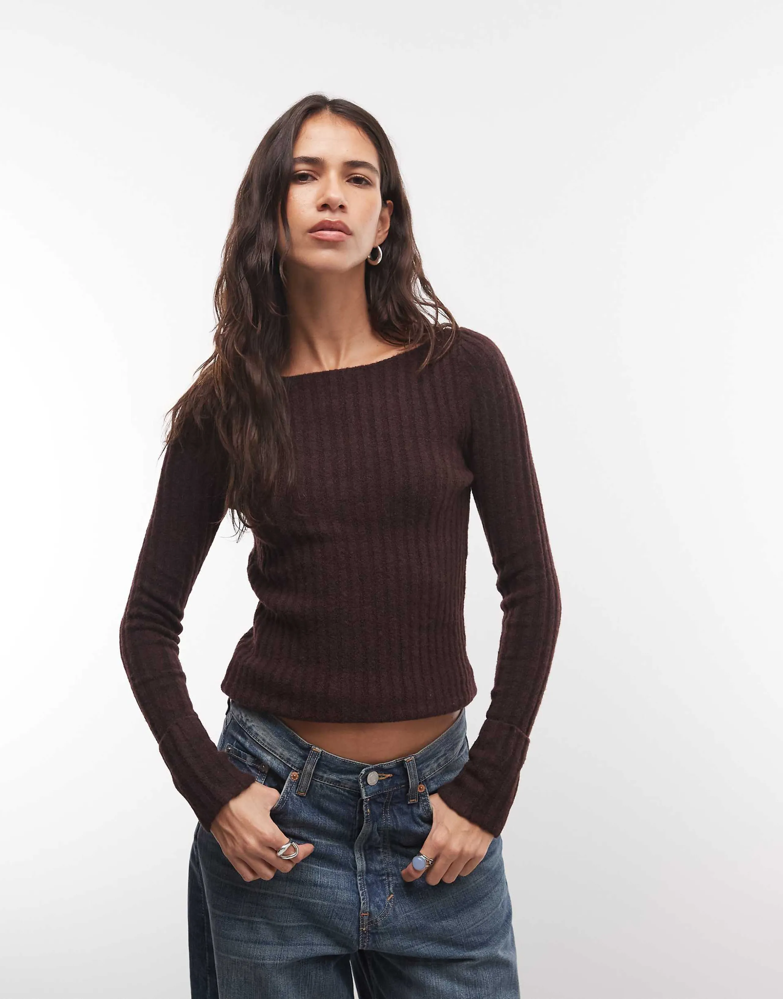 Monki knit rib sweater in burgundy