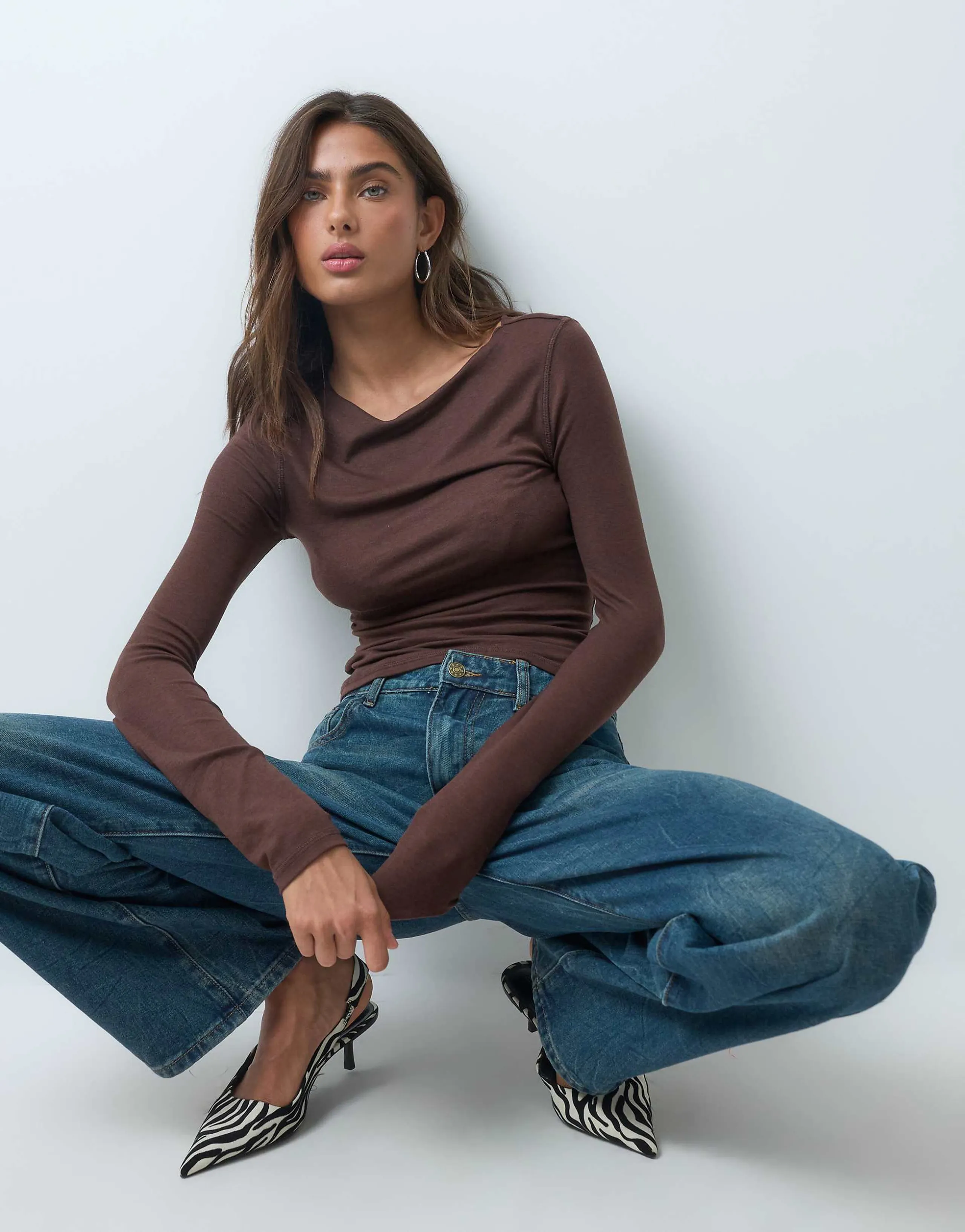 ASOS DESIGN wool blend boat neck long sleeve top in chocolate