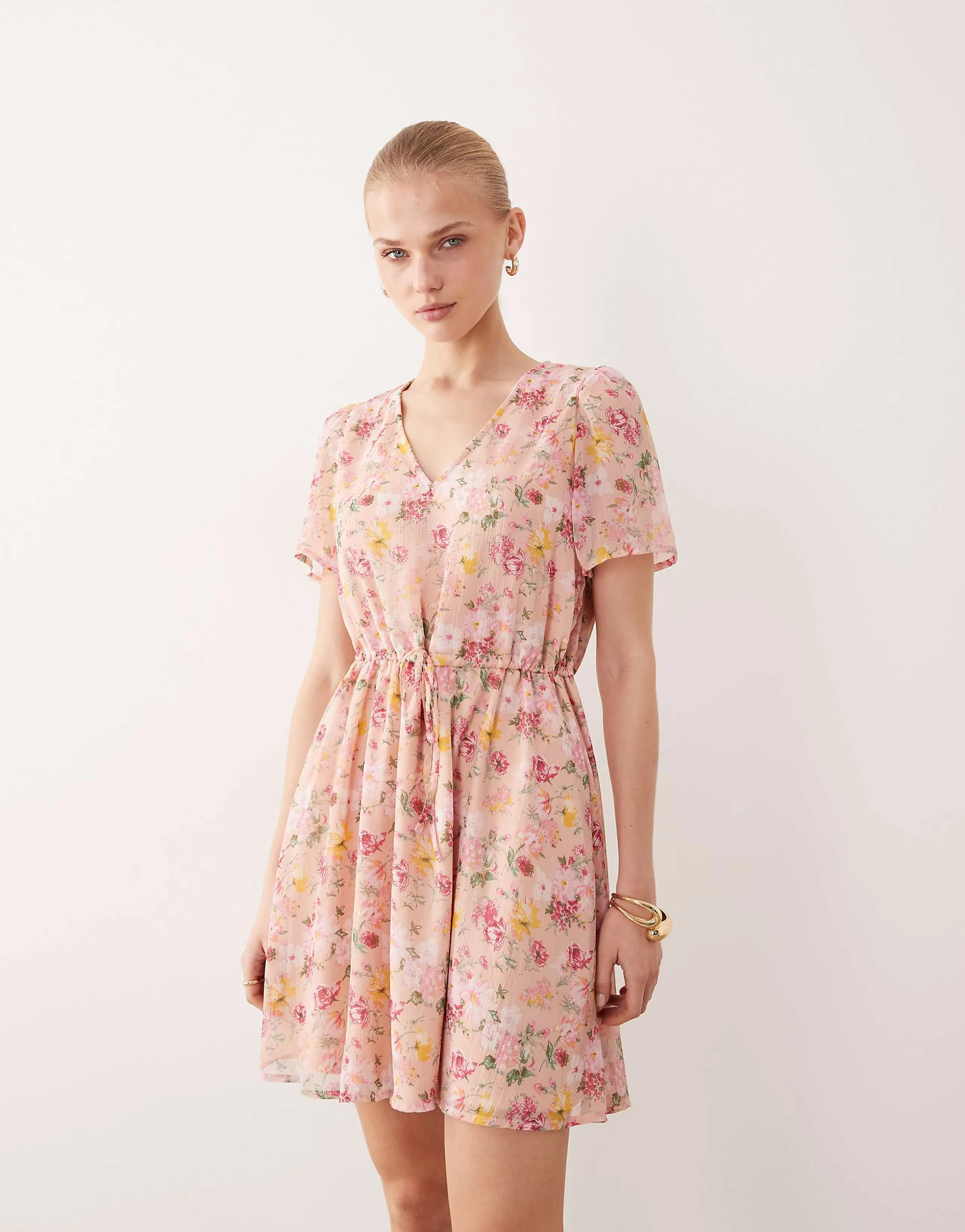 VILA waist detail short sleeve mini dress in soft floral 