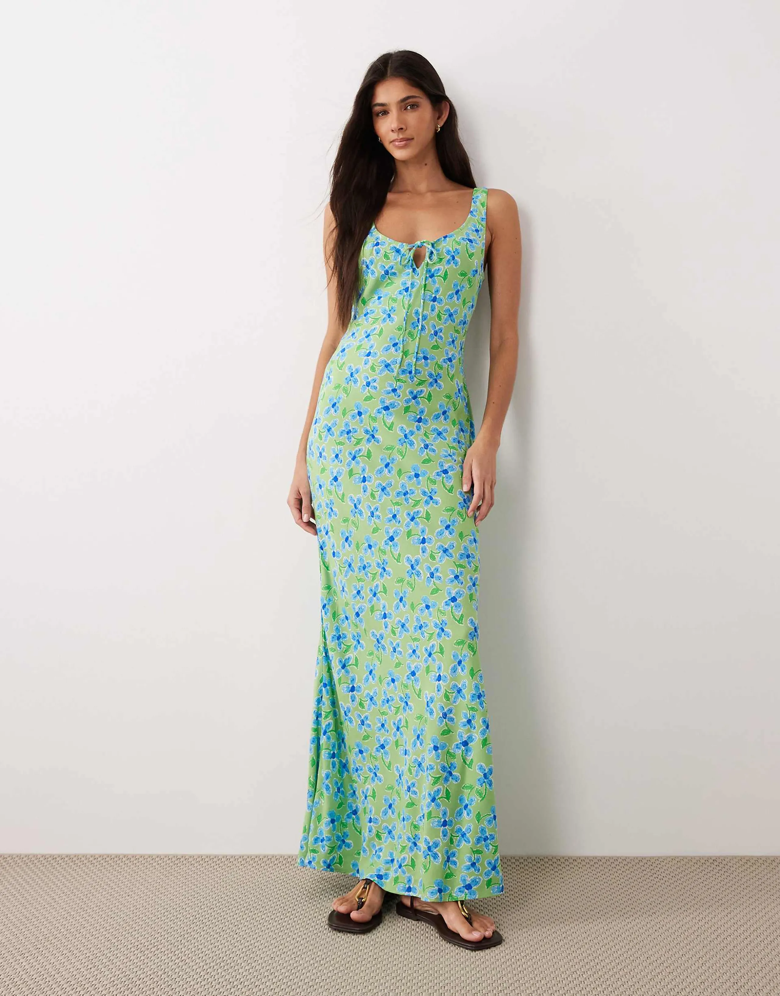 ASOS DESIGN scoop neck tie front midi dress in green floral print