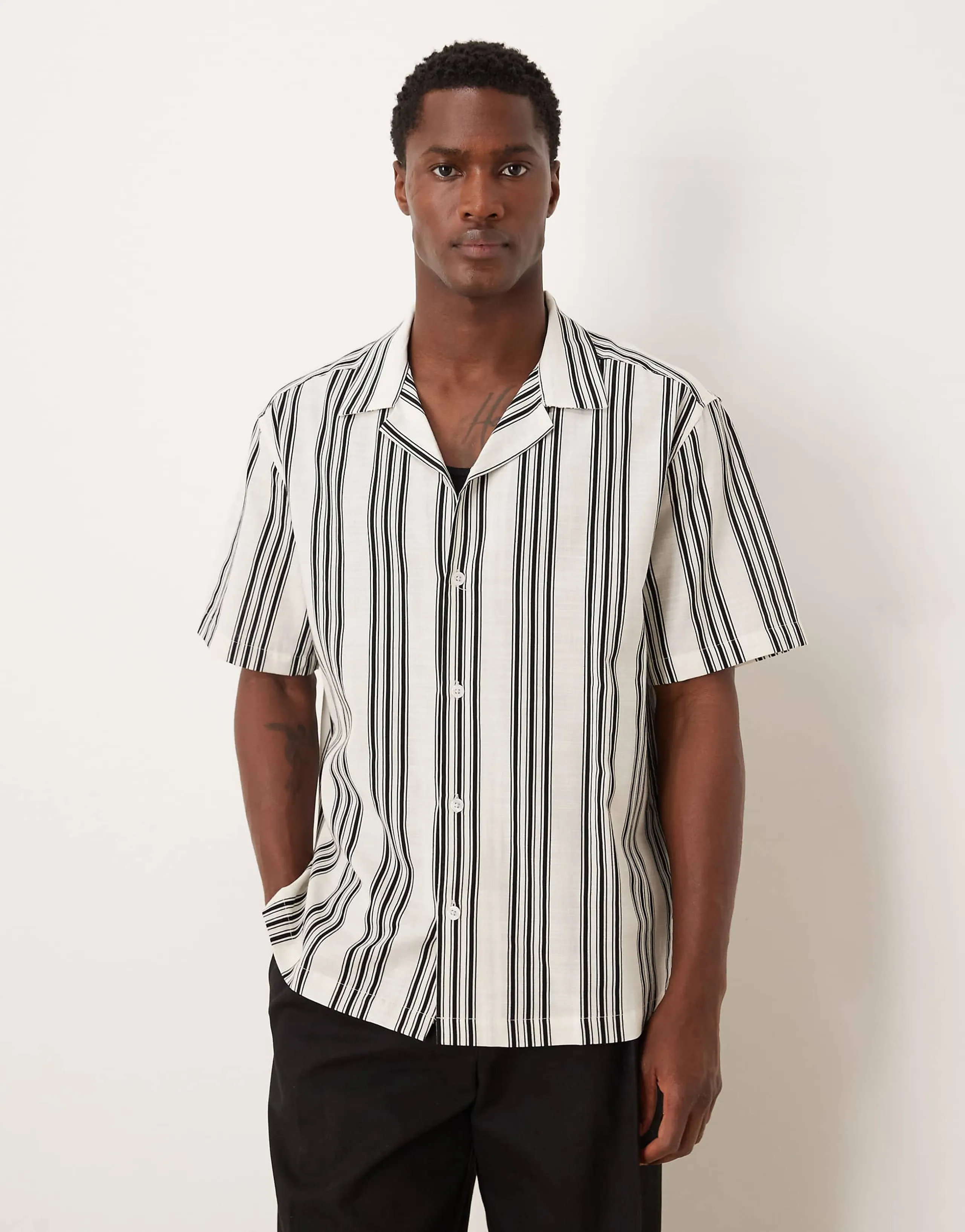 ASOS DESIGN relaxed camp collar shirt in beige and black stripe