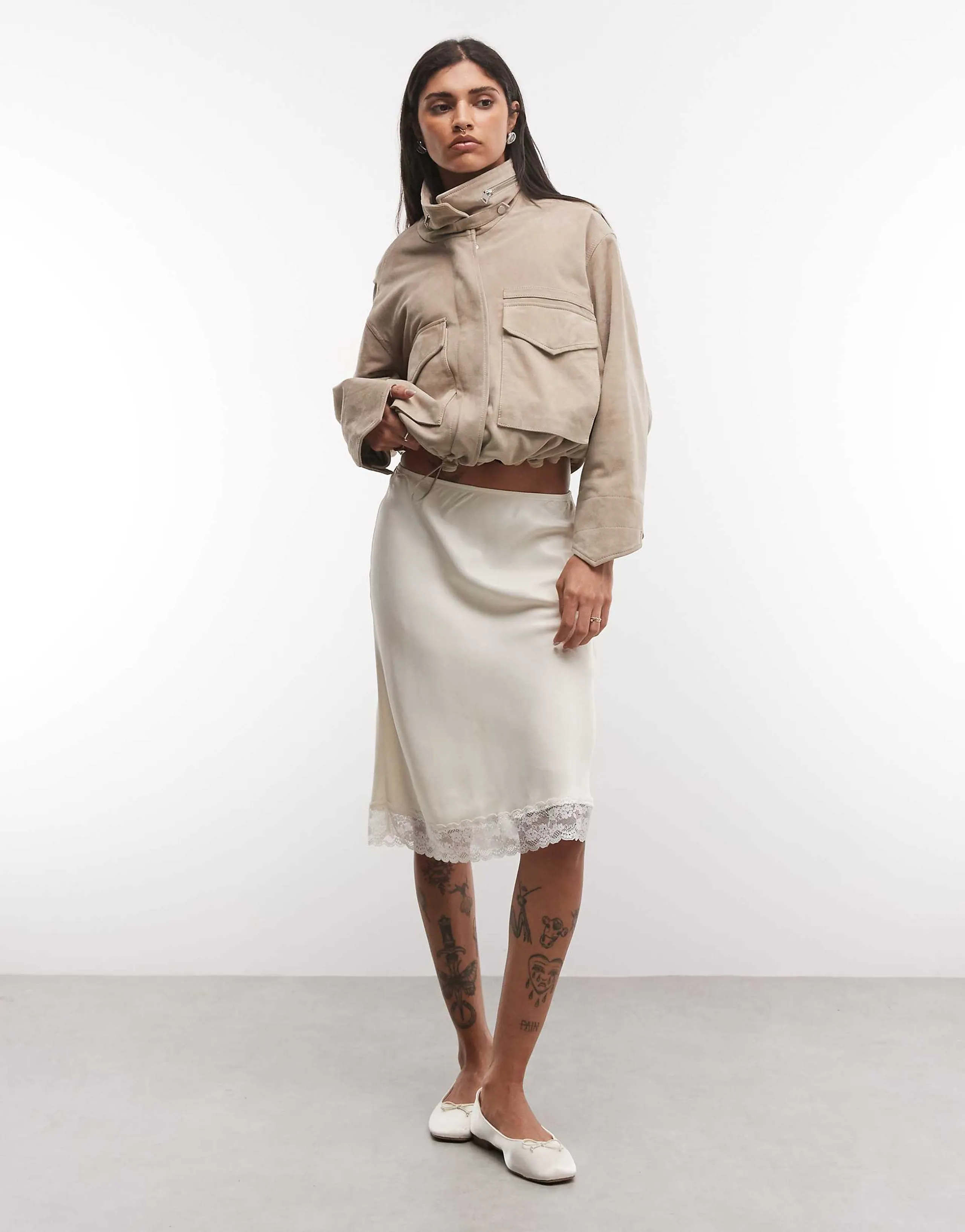 Reclaimed Vintage satin awkward length skirt with lace trim in ivory