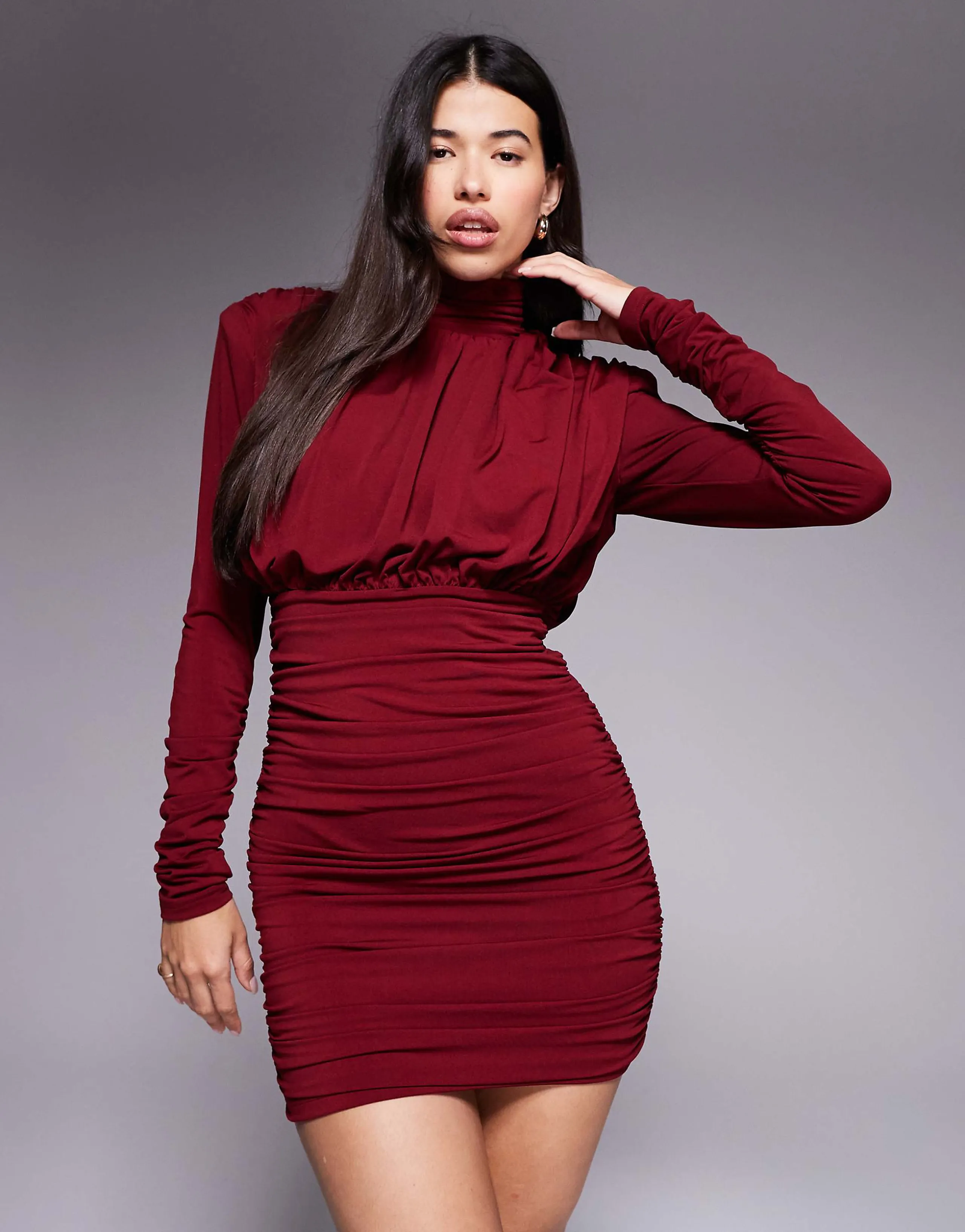 Ruched & Ready Hourglass high neck padded shoulder sculpted drape detail mini dress in dark red