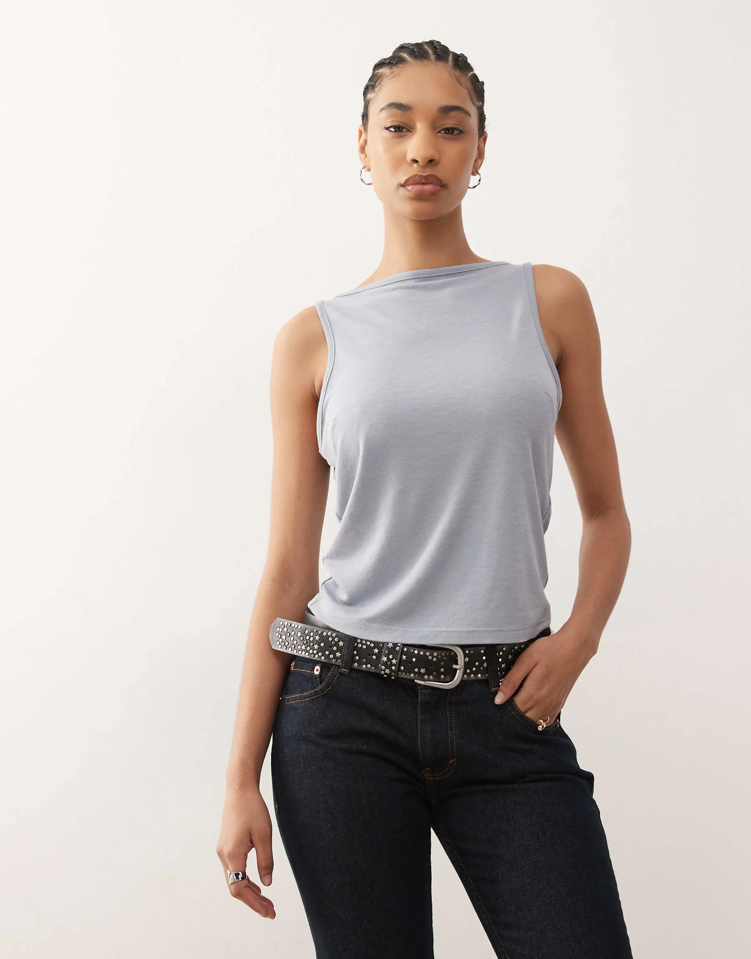 COLLUSION textured slash neck tank top in pearl blue