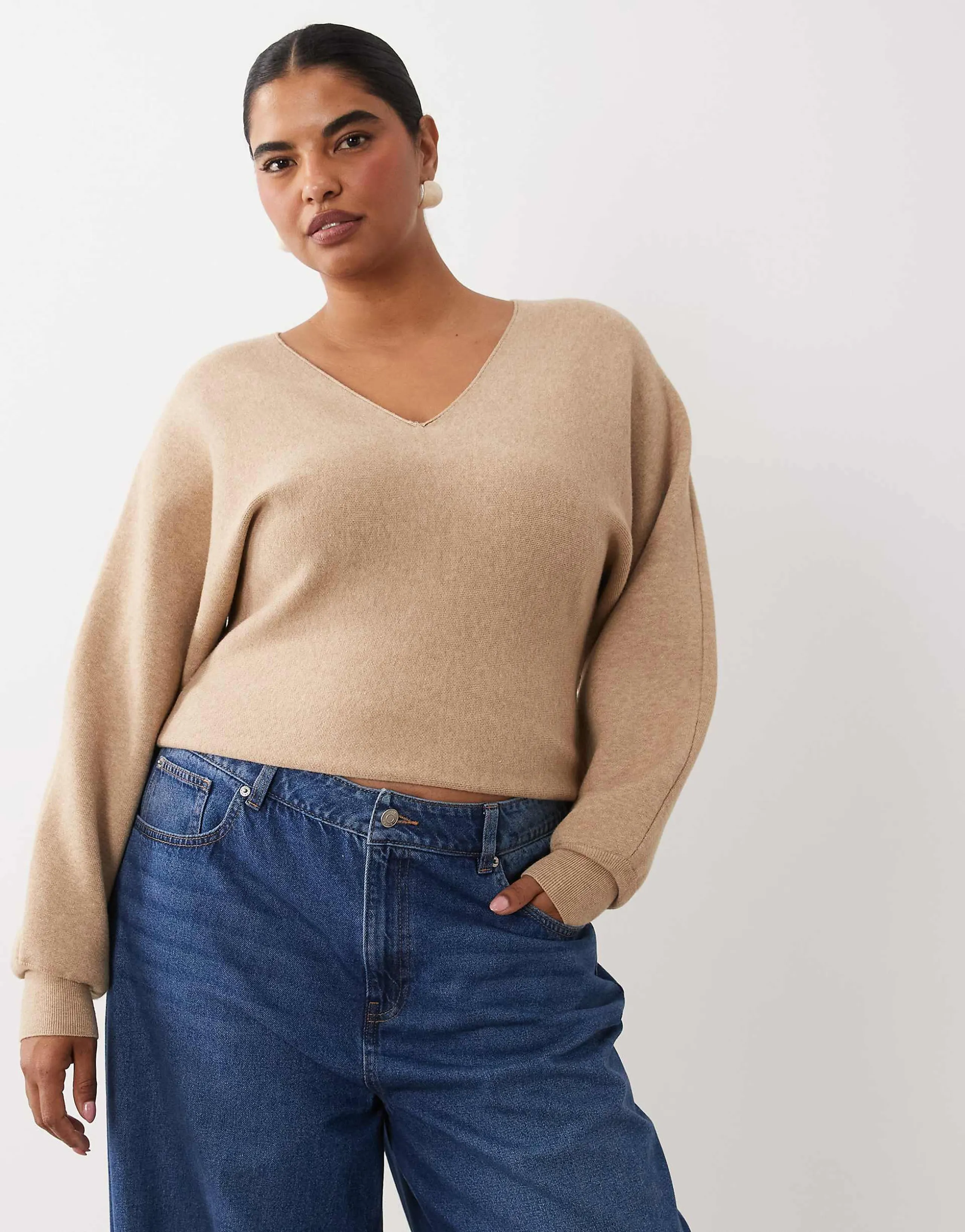 ASOS DESIGN Curve compact batwing sleeve sweater in camel