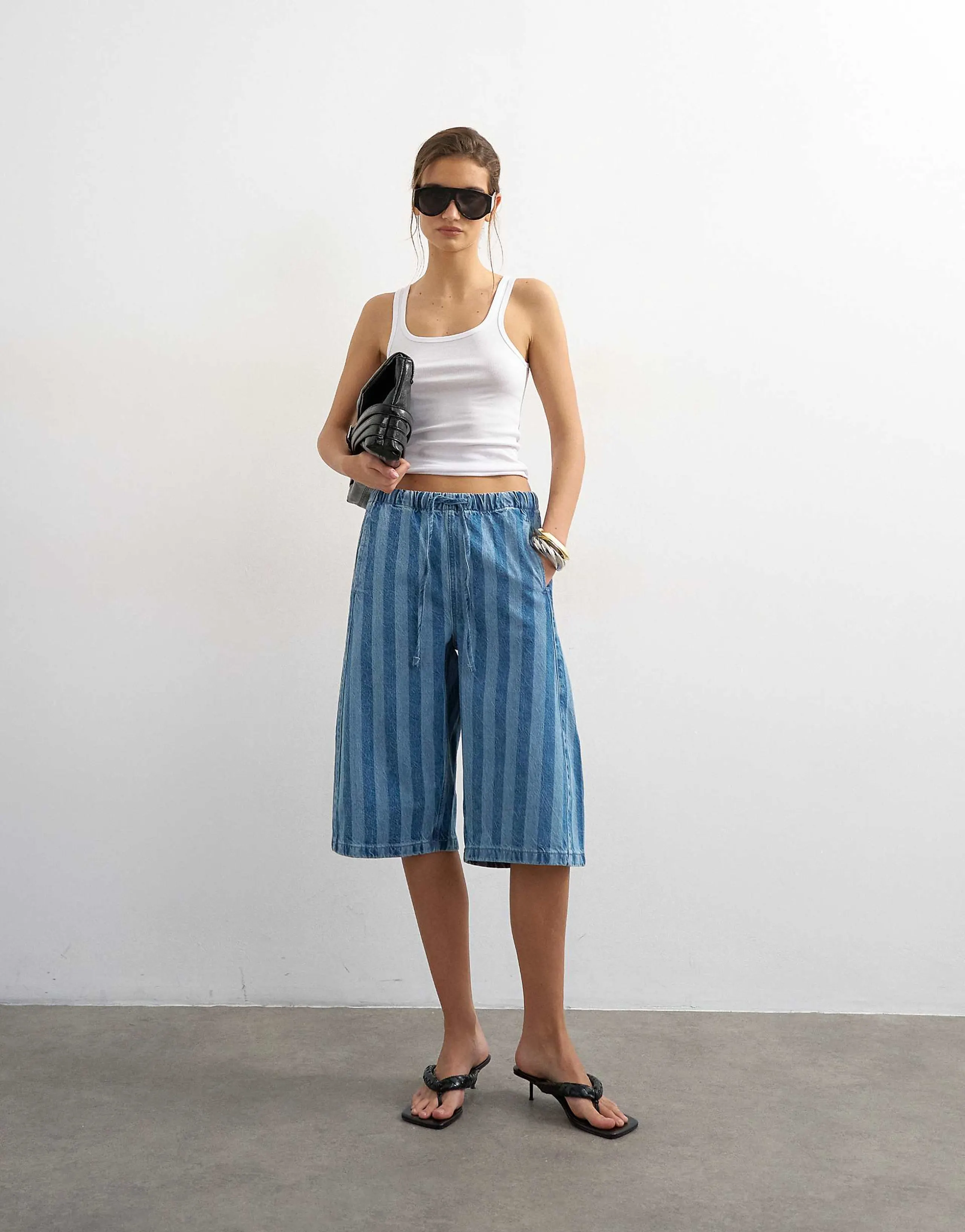 Topshop denim pull on barrel shorts in blue striped print