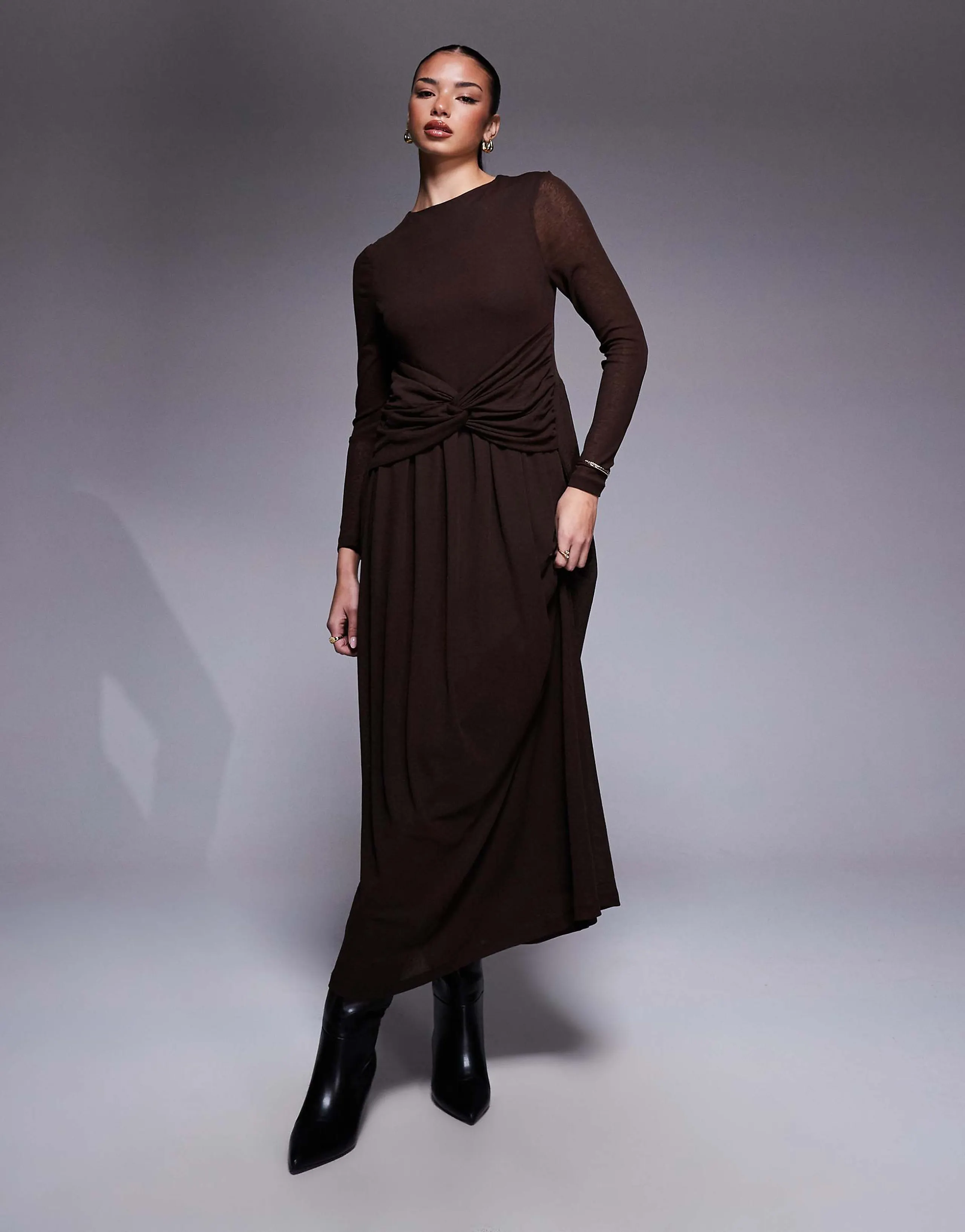 ASOS DESIGN long sleeve slash neck twist detail maxi dress in dark brown