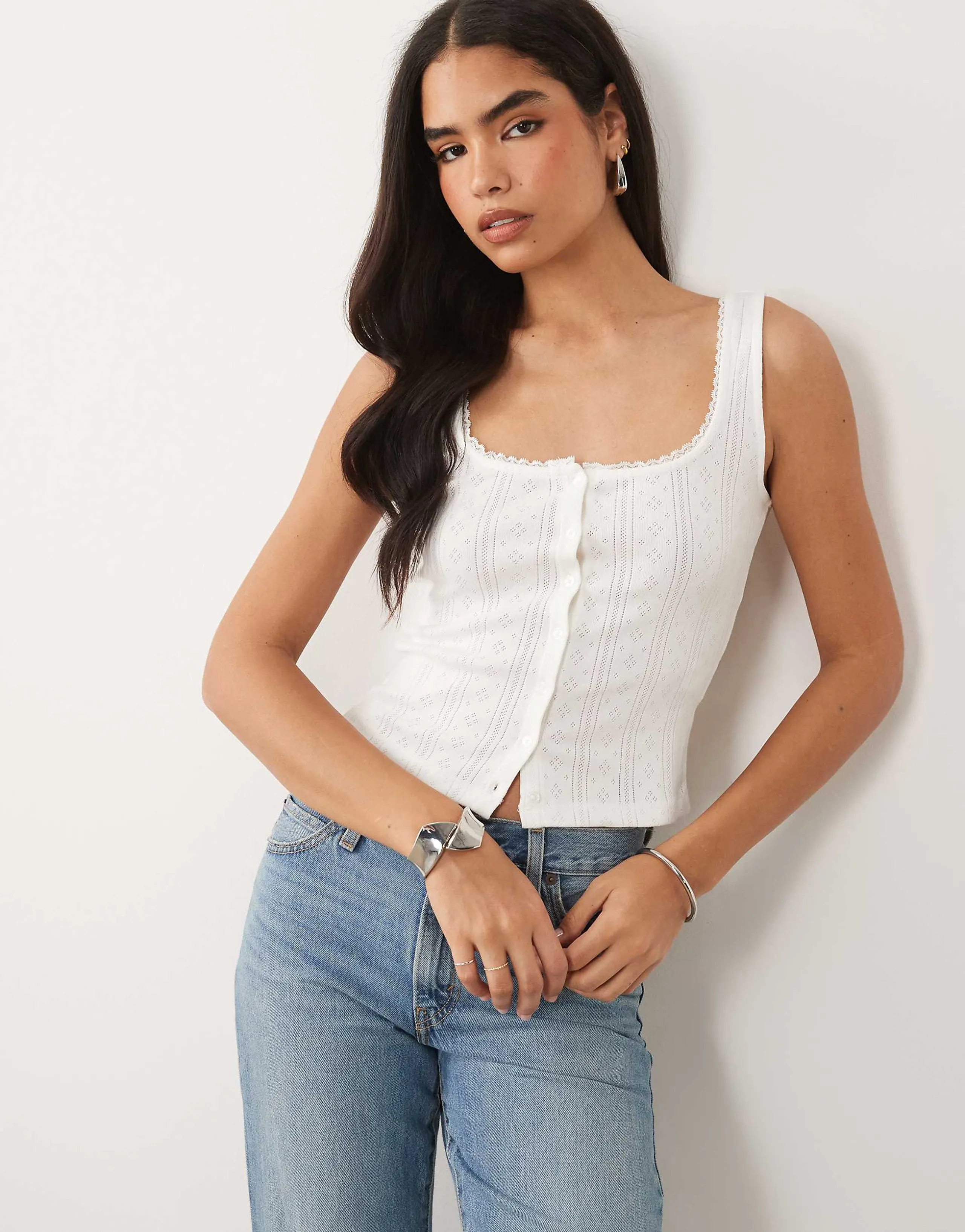 Good American pointelle square neck button through tank top in white
