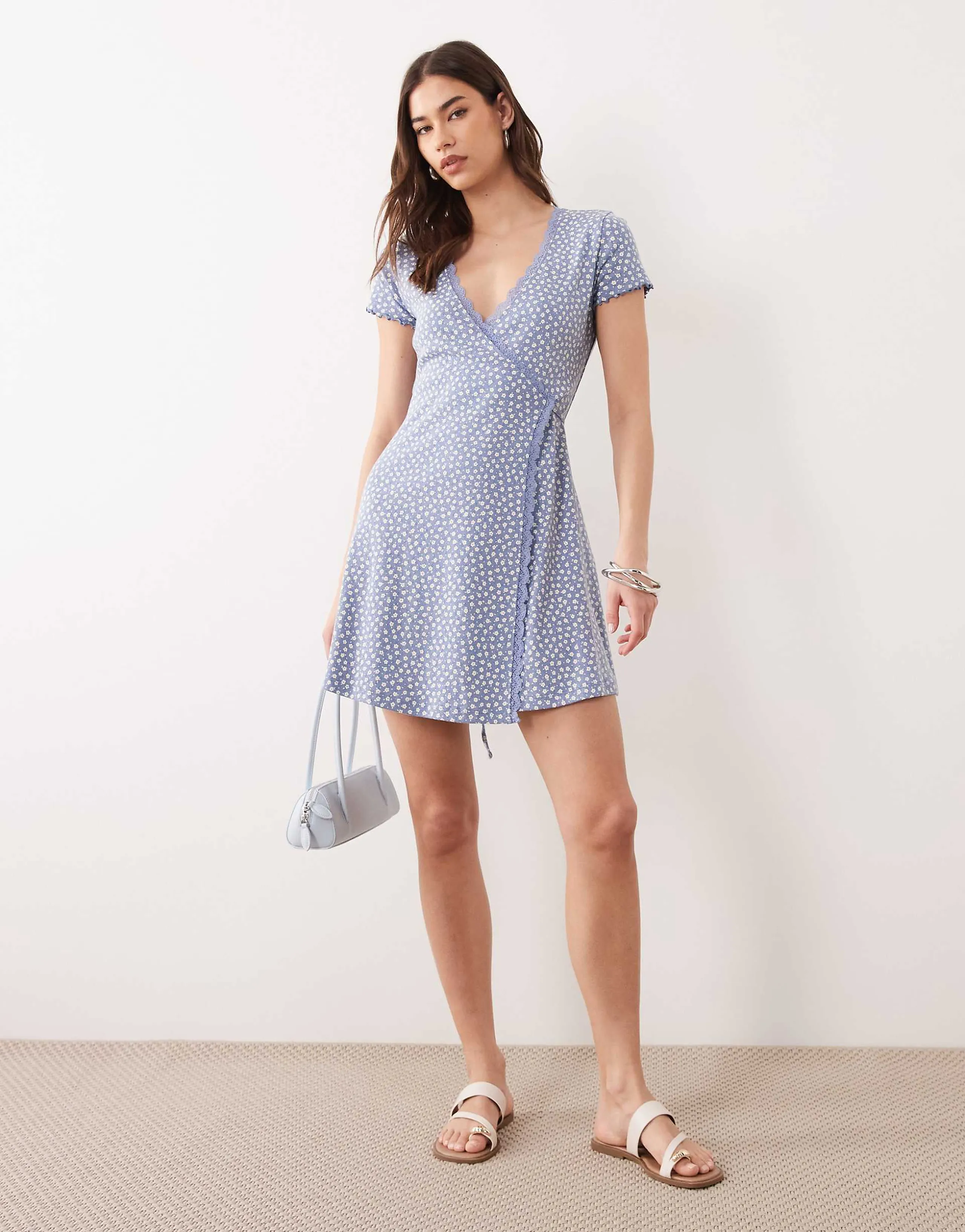 Miss Selfridge ditsy print pointelle lace trim wrap dress