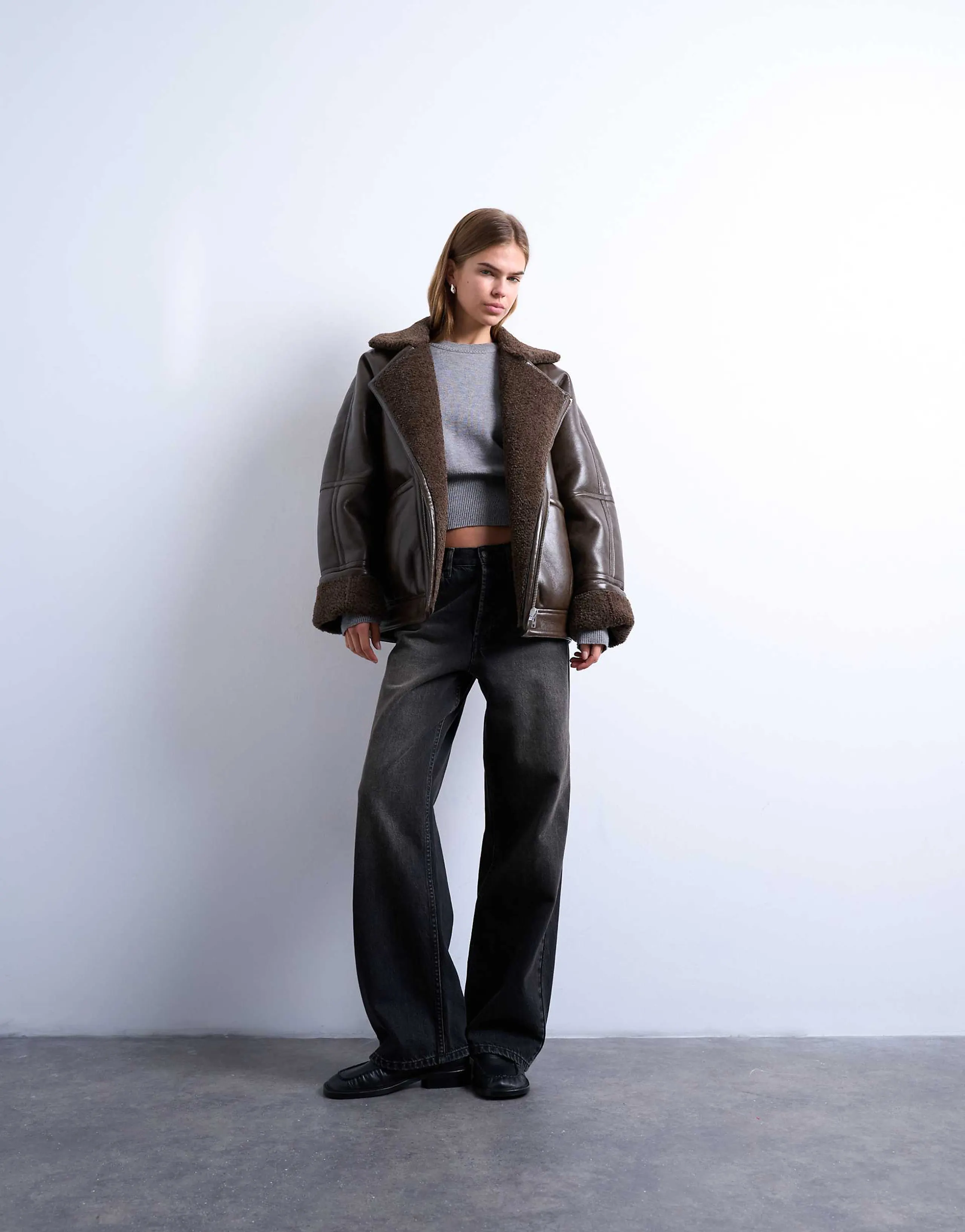 Topshop vintage wash shearling aviator bomber jacket in chocolate