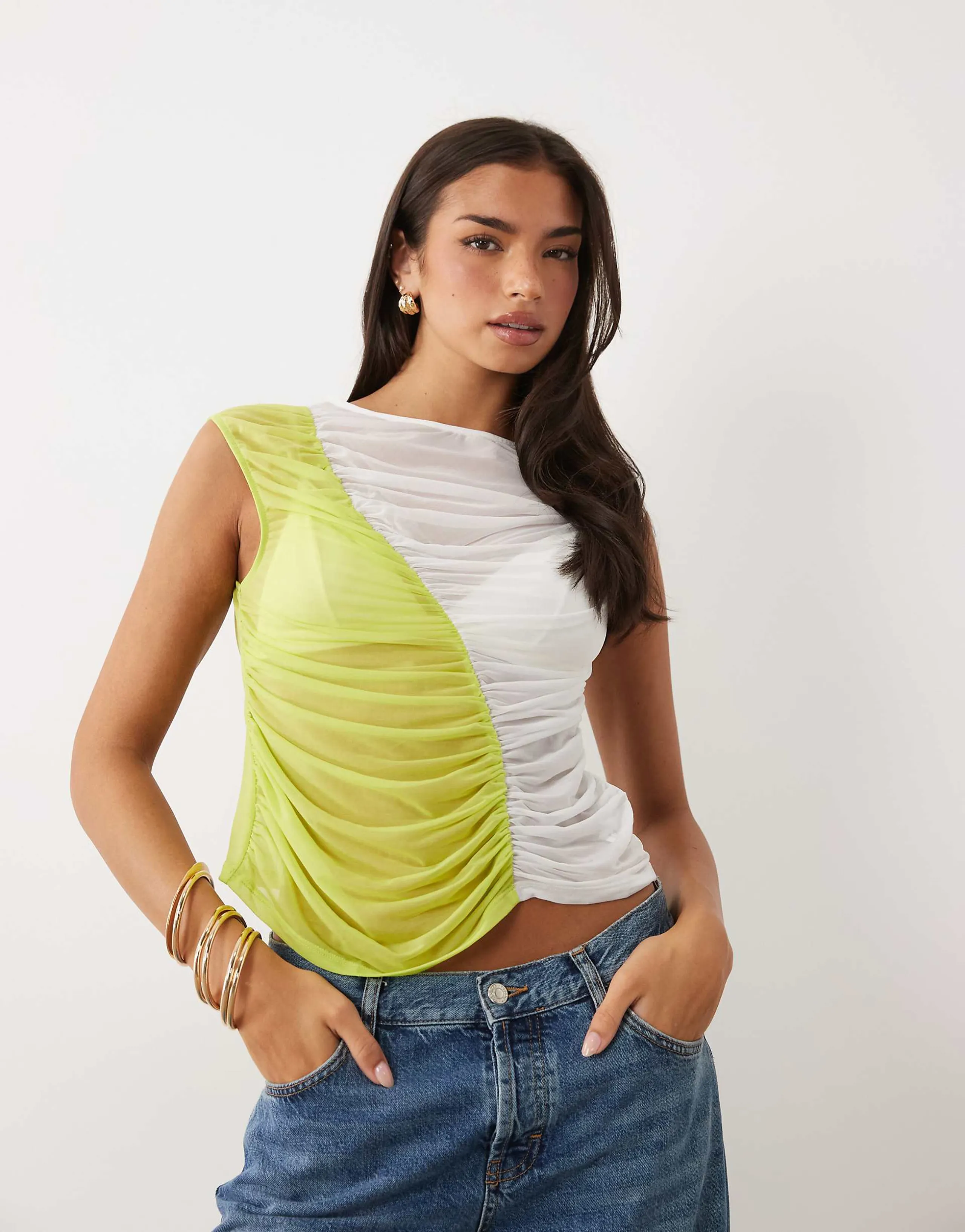 ASOS DESIGN mesh ruched color block tank top in green and white